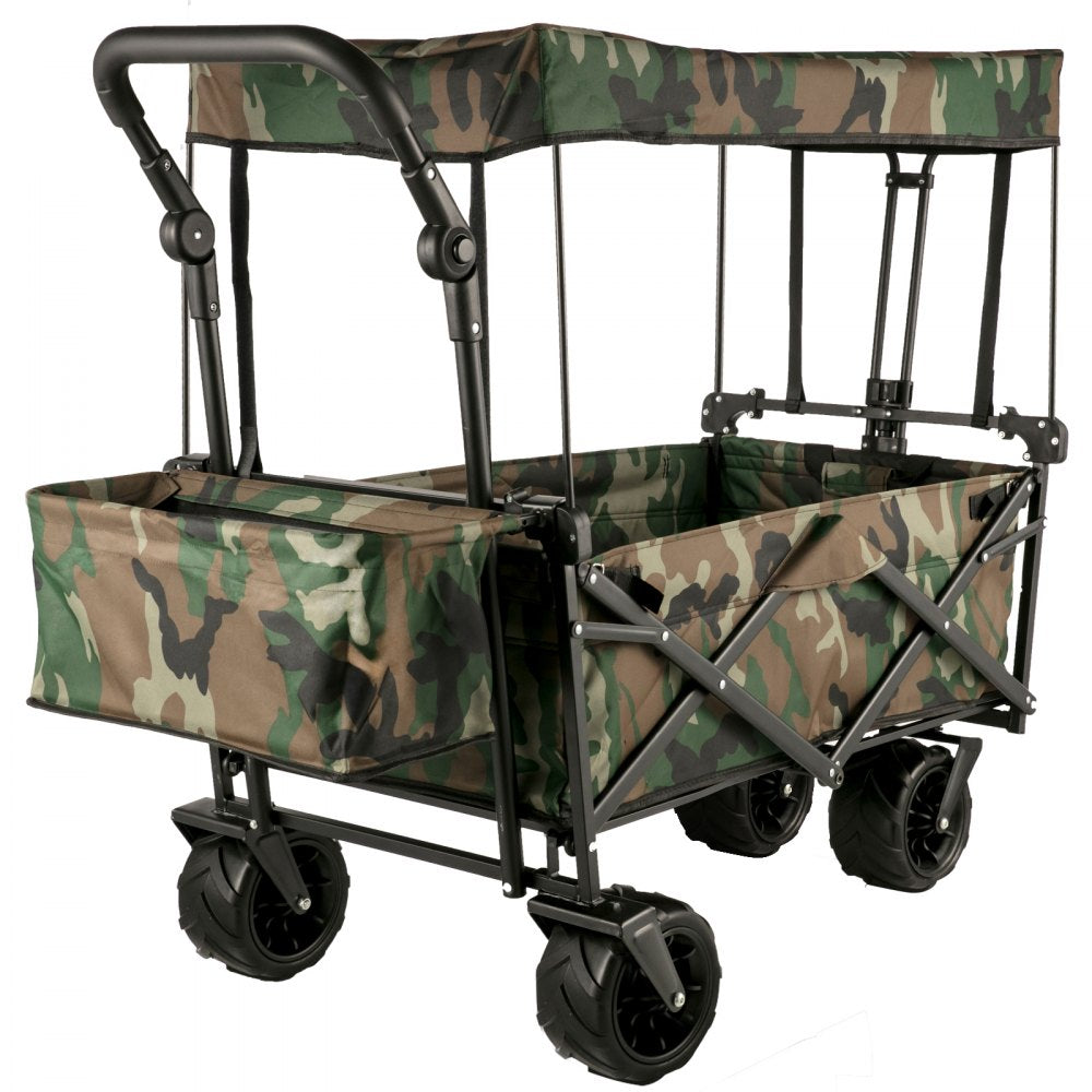 VEVOR Collapsible Wagon Cart Camouflage, Foldable Wagon Cart Removable Canopy 600D Oxford Cloth, Collapsible Wagon Oversized Wheels, Portable Folding Wagon Adjustable Handles, Beach, Garden, Sports 