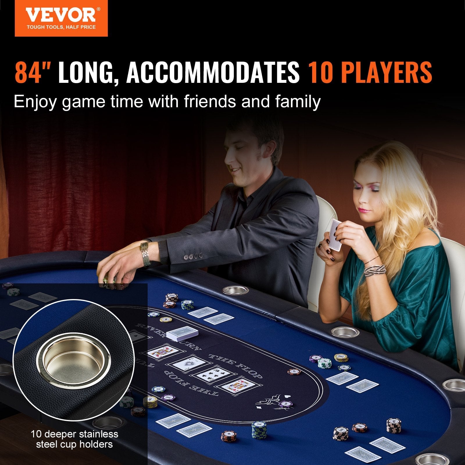 VEVOR 10 Player Foldable Poker Table, Blackjack Texas Holdem Poker Table with Padded Rails and Stainless Steel Cup Holders, Portable Folding Card Board Game Table, 84" Oval Casino Leisure Table 