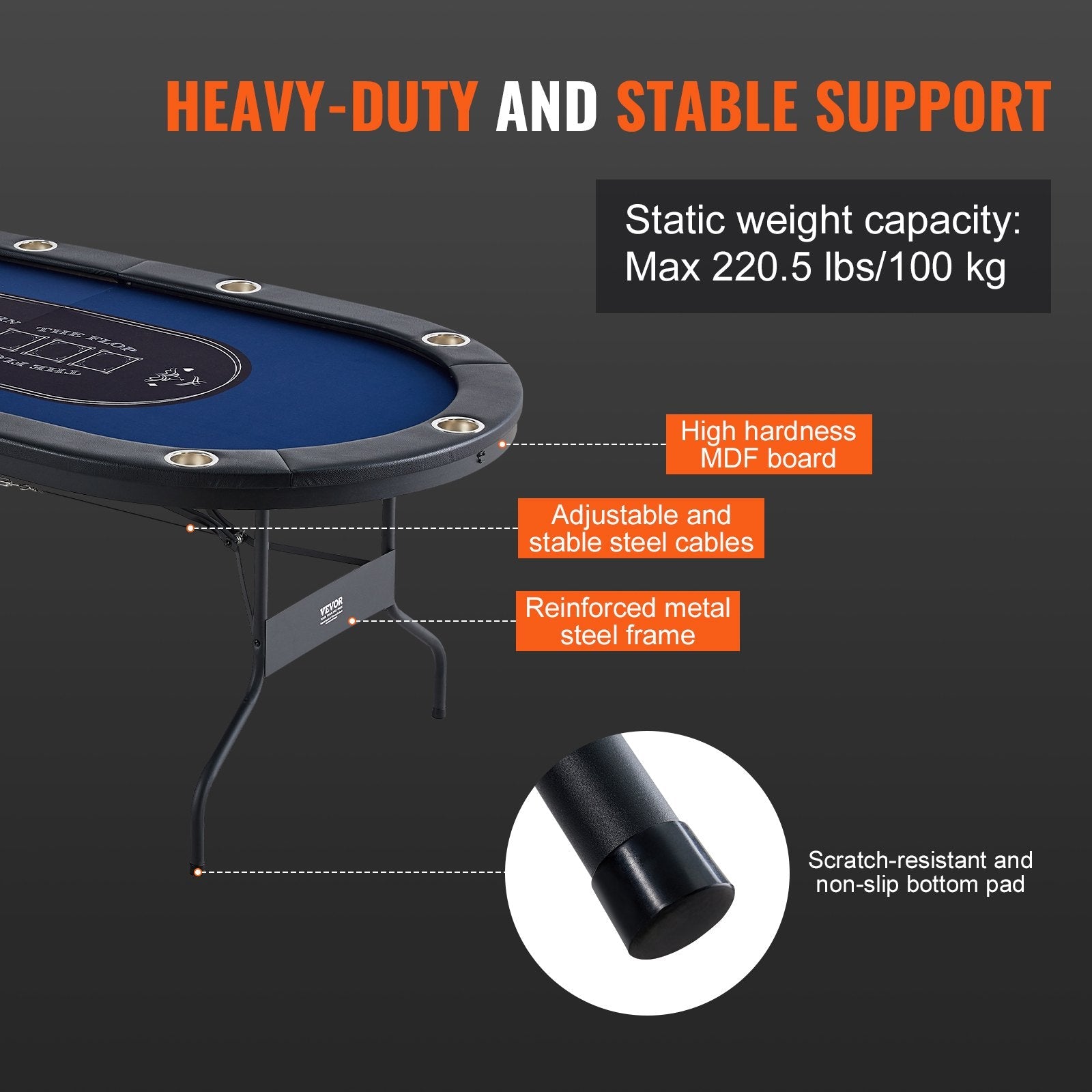 VEVOR 10 Player Foldable Poker Table, Blackjack Texas Holdem Poker Table with Padded Rails and Stainless Steel Cup Holders, Portable Folding Card Board Game Table, 84" Oval Casino Leisure Table 