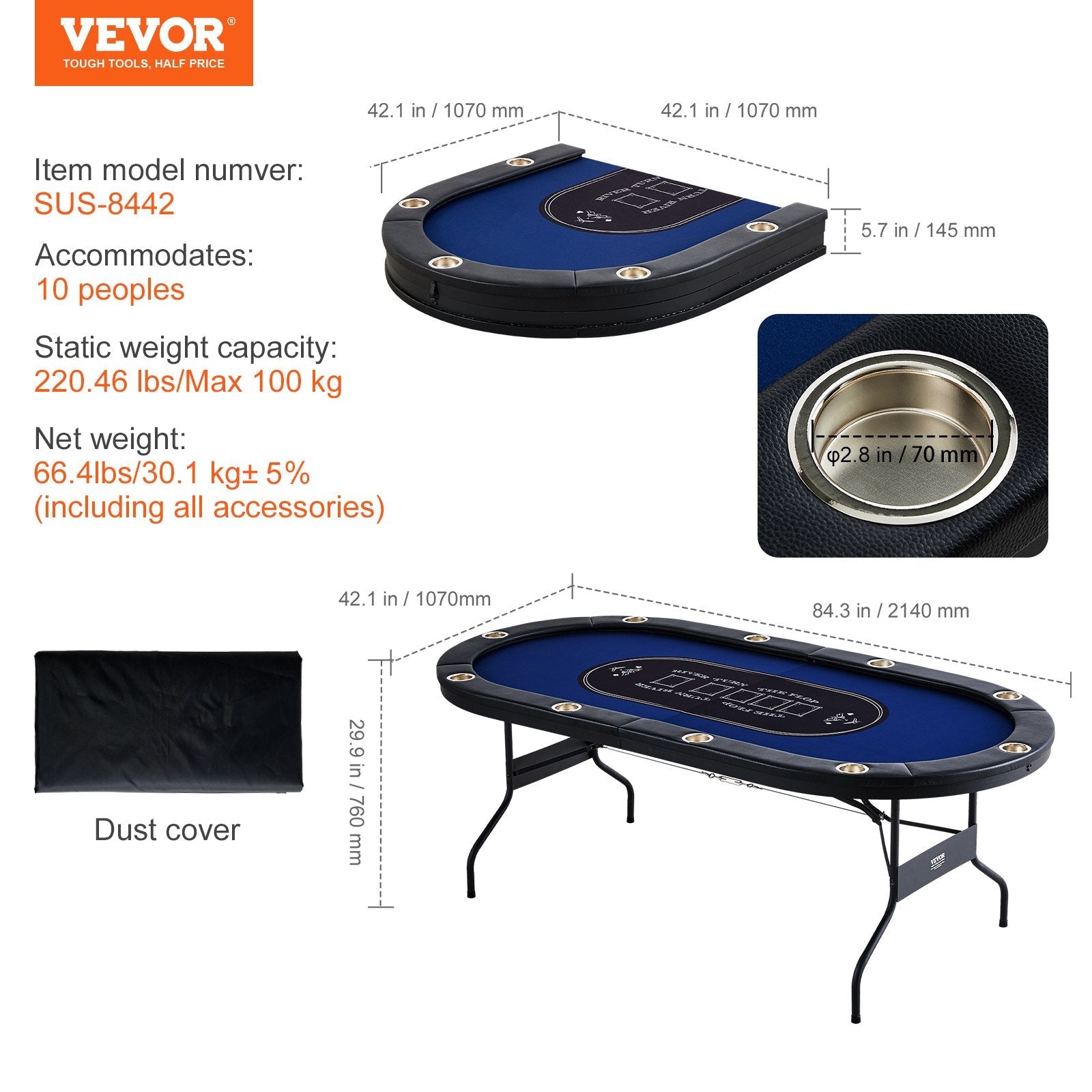 VEVOR 10 Player Foldable Poker Table, Blackjack Texas Holdem Poker Table with Padded Rails and Stainless Steel Cup Holders, Portable Folding Card Board Game Table, 84" Oval Casino Leisure Table 