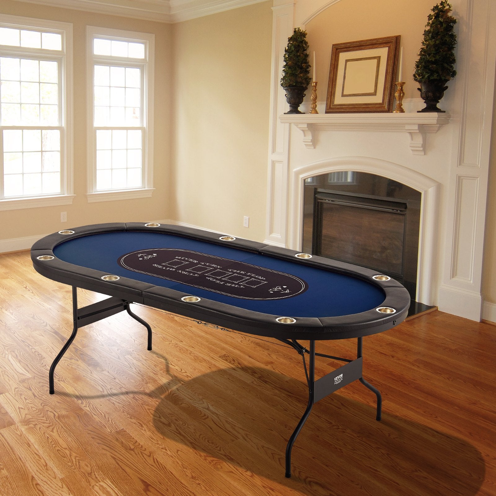 VEVOR 10 Player Foldable Poker Table, Blackjack Texas Holdem Poker Table with Padded Rails and Stainless Steel Cup Holders, Portable Folding Card Board Game Table, 84" Oval Casino Leisure Table 