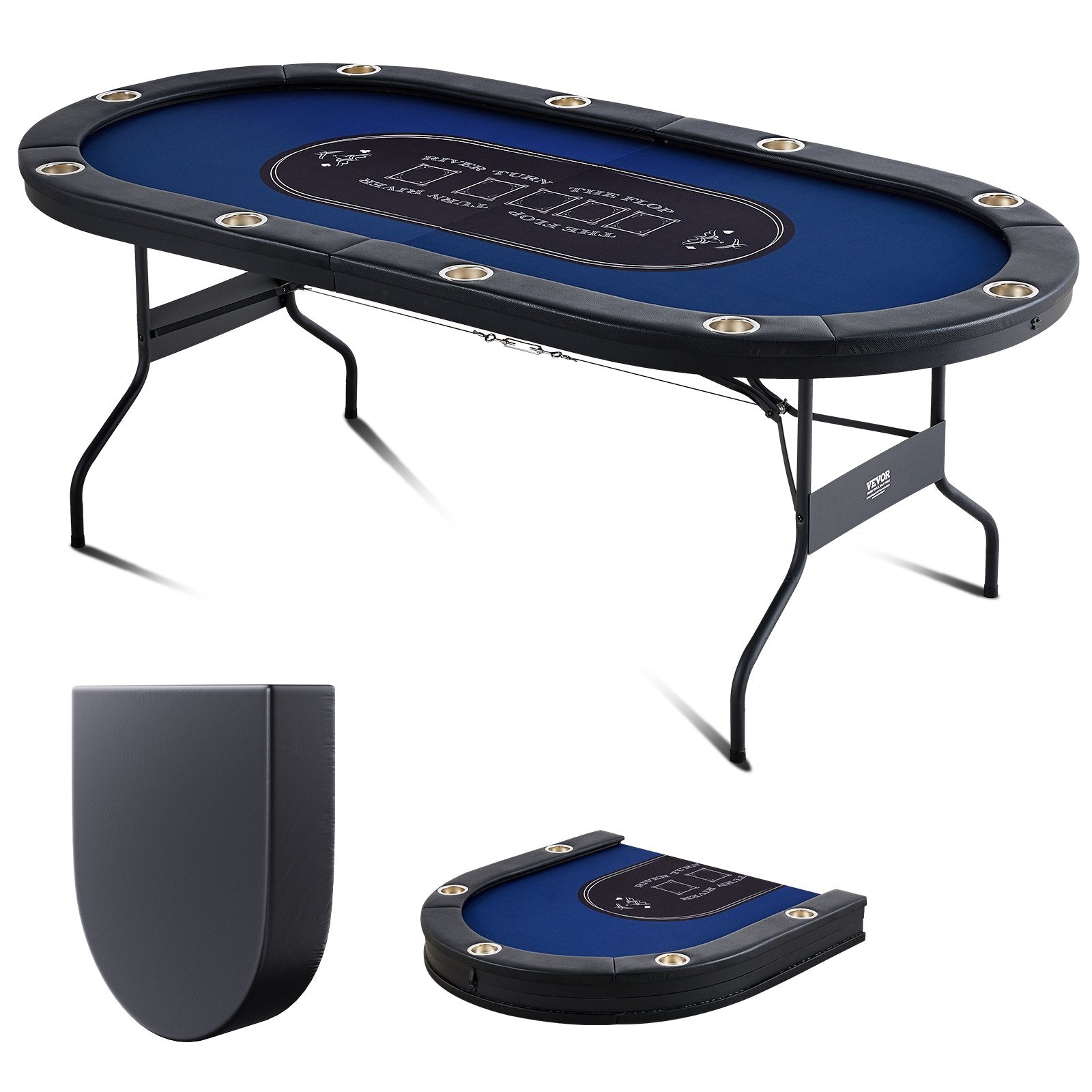 VEVOR 10 Player Foldable Poker Table, Blackjack Texas Holdem Poker Table with Padded Rails and Stainless Steel Cup Holders, Portable Folding Card Board Game Table, 84" Oval Casino Leisure Table 