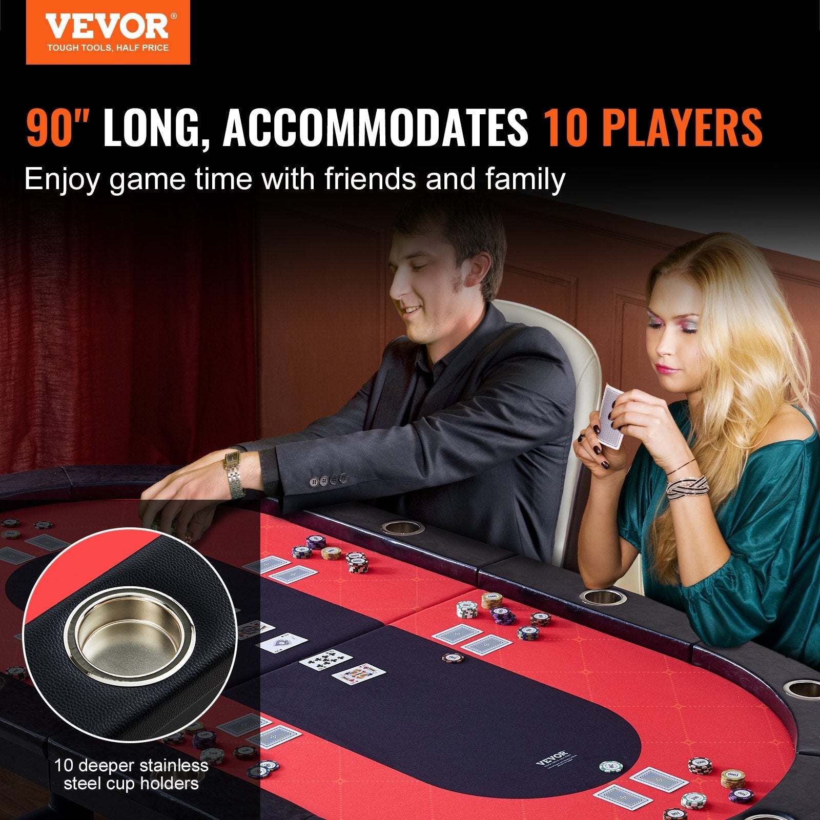 VEVOR 10 Player Foldable Poker Table, Blackjack Texas Holdem Poker Table with Padded Rails and Stainless Steel Cup Holders, Portable Folding Card Board Game Table, 90" Oval Casino Leisure Table, Blue 