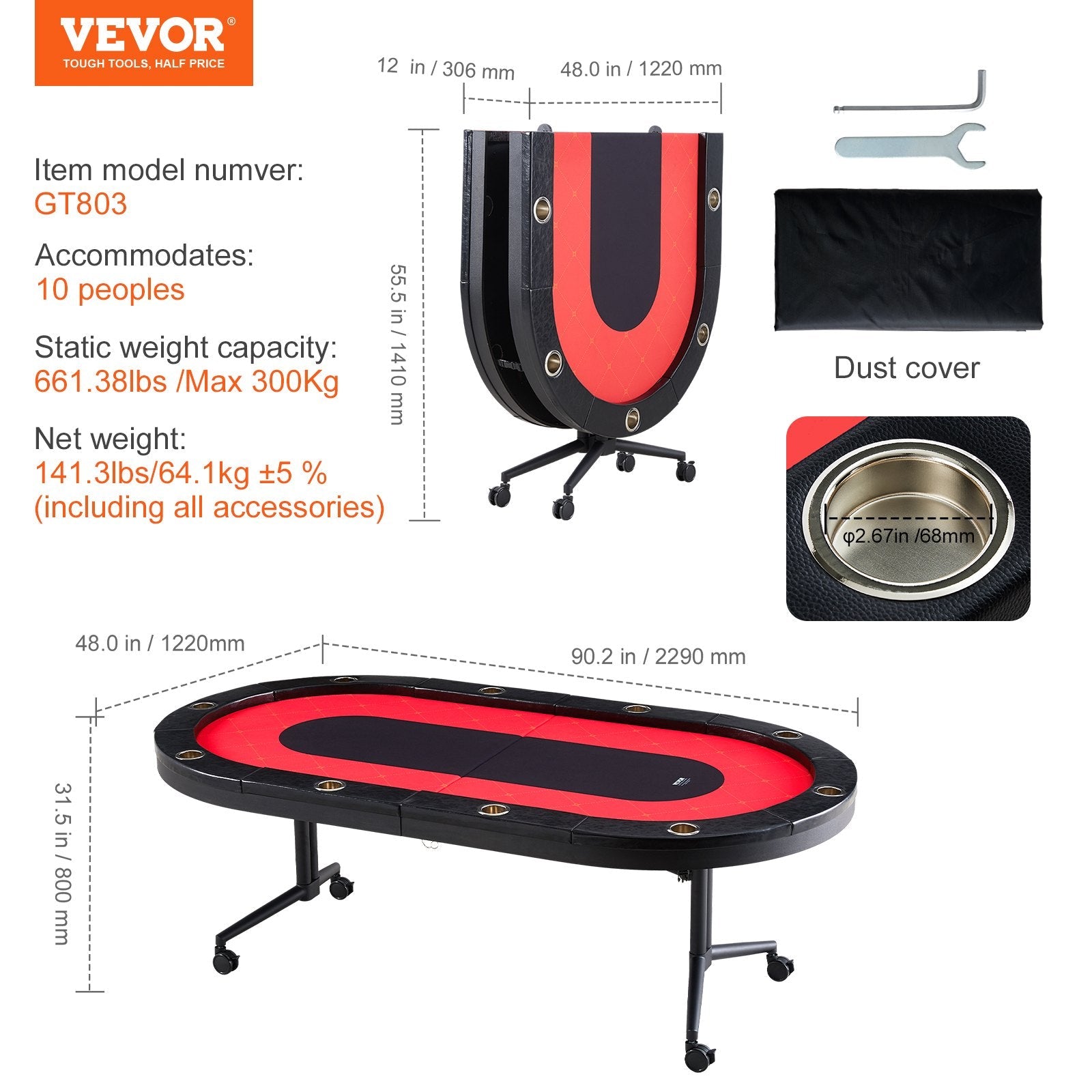 VEVOR 10 Player Foldable Poker Table, Blackjack Texas Holdem Poker Table with Padded Rails and Stainless Steel Cup Holders, Portable Folding Card Board Game Table, 90" Oval Casino Leisure Table, Blue 
