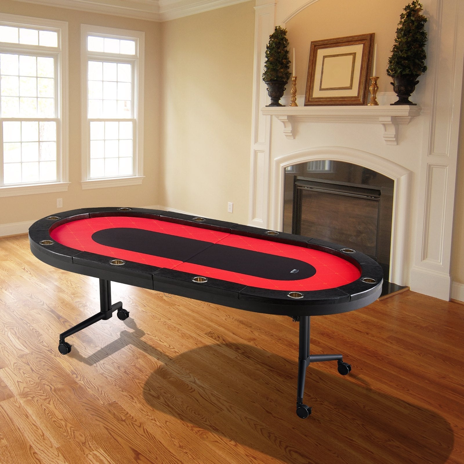VEVOR 10 Player Foldable Poker Table, Blackjack Texas Holdem Poker Table with Padded Rails and Stainless Steel Cup Holders, Portable Folding Card Board Game Table, 90" Oval Casino Leisure Table, Blue 
