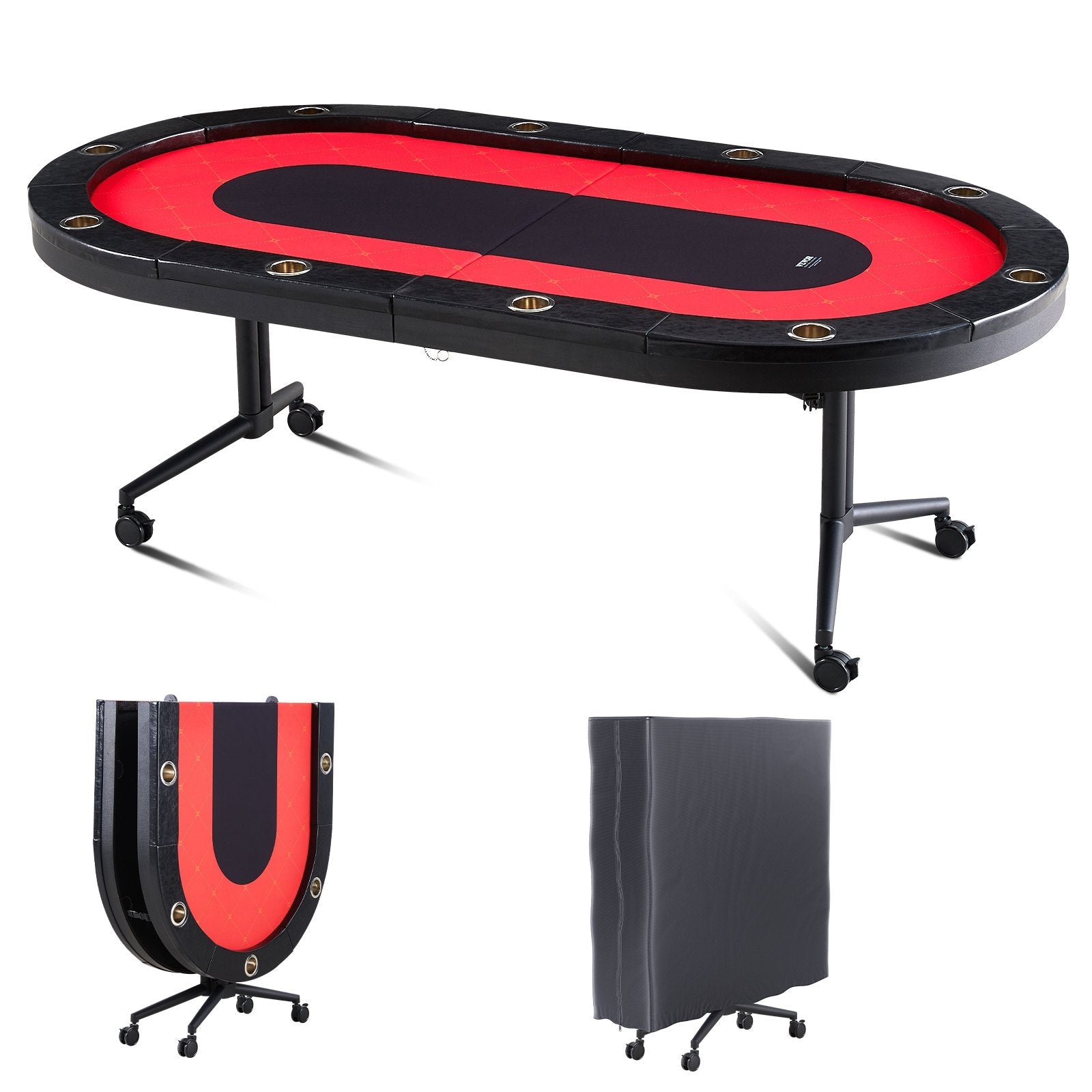 VEVOR 10 Player Foldable Poker Table, Blackjack Texas Holdem Poker Table with Padded Rails and Stainless Steel Cup Holders, Portable Folding Card Board Game Table, 90" Oval Casino Leisure Table, Blue 