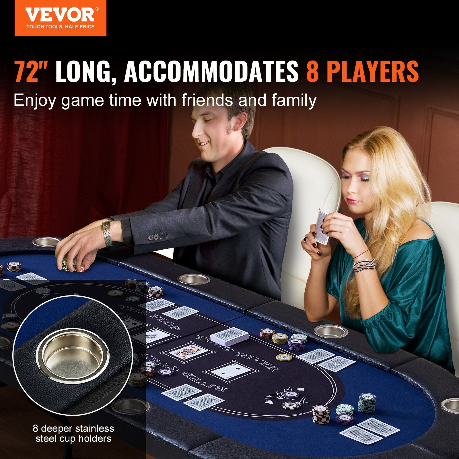 VEVOR 8 Player Foldable Poker Table, Blackjack Texas Holdem Poker Table with Padded Rails and Stainless Steel Cup Holders, Portable Folding Card Board Game Table, 72" Oval Casino Leisure Table, Blue 