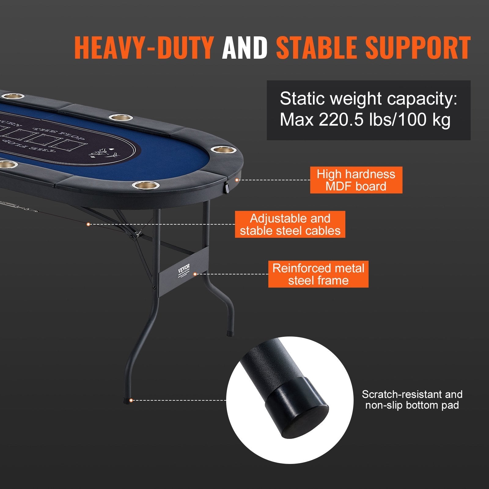 VEVOR 8 Player Foldable Poker Table, Blackjack Texas Holdem Poker Table with Padded Rails and Stainless Steel Cup Holders, Portable Folding Card Board Game Table, 72" Oval Casino Leisure Table, Blue 