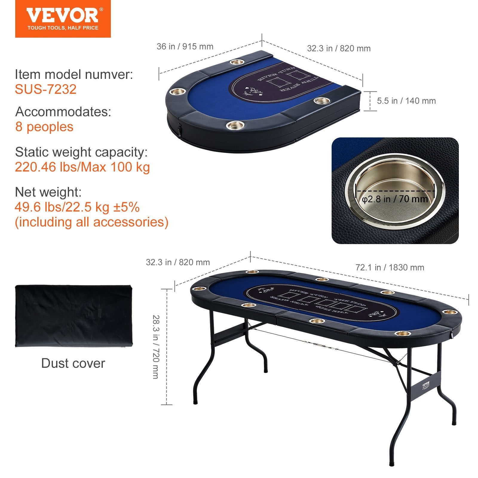 VEVOR 8 Player Foldable Poker Table, Blackjack Texas Holdem Poker Table with Padded Rails and Stainless Steel Cup Holders, Portable Folding Card Board Game Table, 72" Oval Casino Leisure Table, Blue 