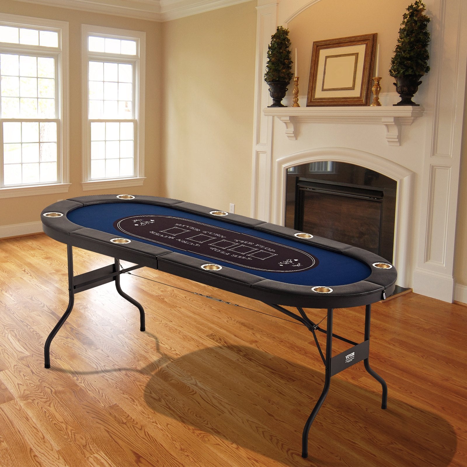 VEVOR 8 Player Foldable Poker Table, Blackjack Texas Holdem Poker Table with Padded Rails and Stainless Steel Cup Holders, Portable Folding Card Board Game Table, 72" Oval Casino Leisure Table, Blue 