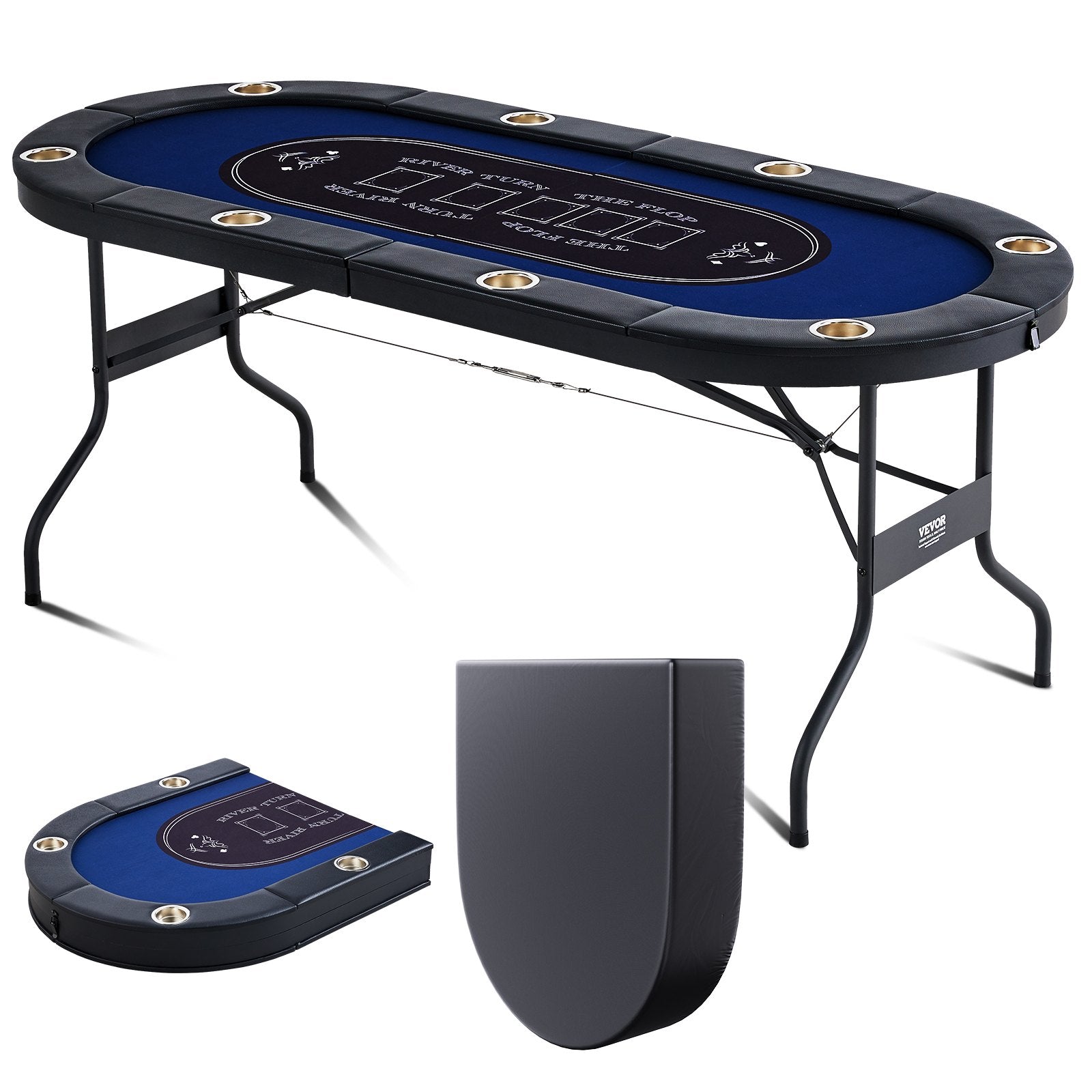 VEVOR 8 Player Foldable Poker Table, Blackjack Texas Holdem Poker Table with Padded Rails and Stainless Steel Cup Holders, Portable Folding Card Board Game Table, 72" Oval Casino Leisure Table, Blue 
