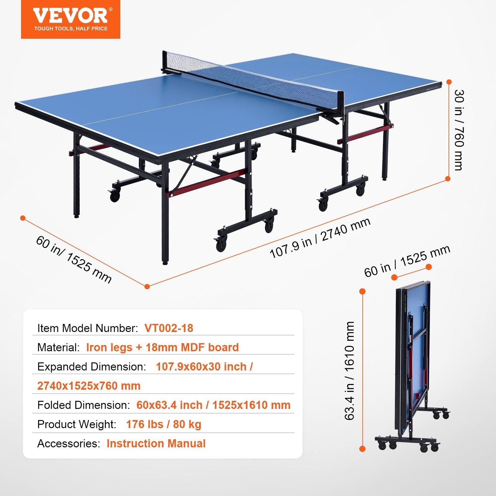 VEVOR Ping Pong Table Foldable Table Tennis Game Table Indoor with Clamp Net 