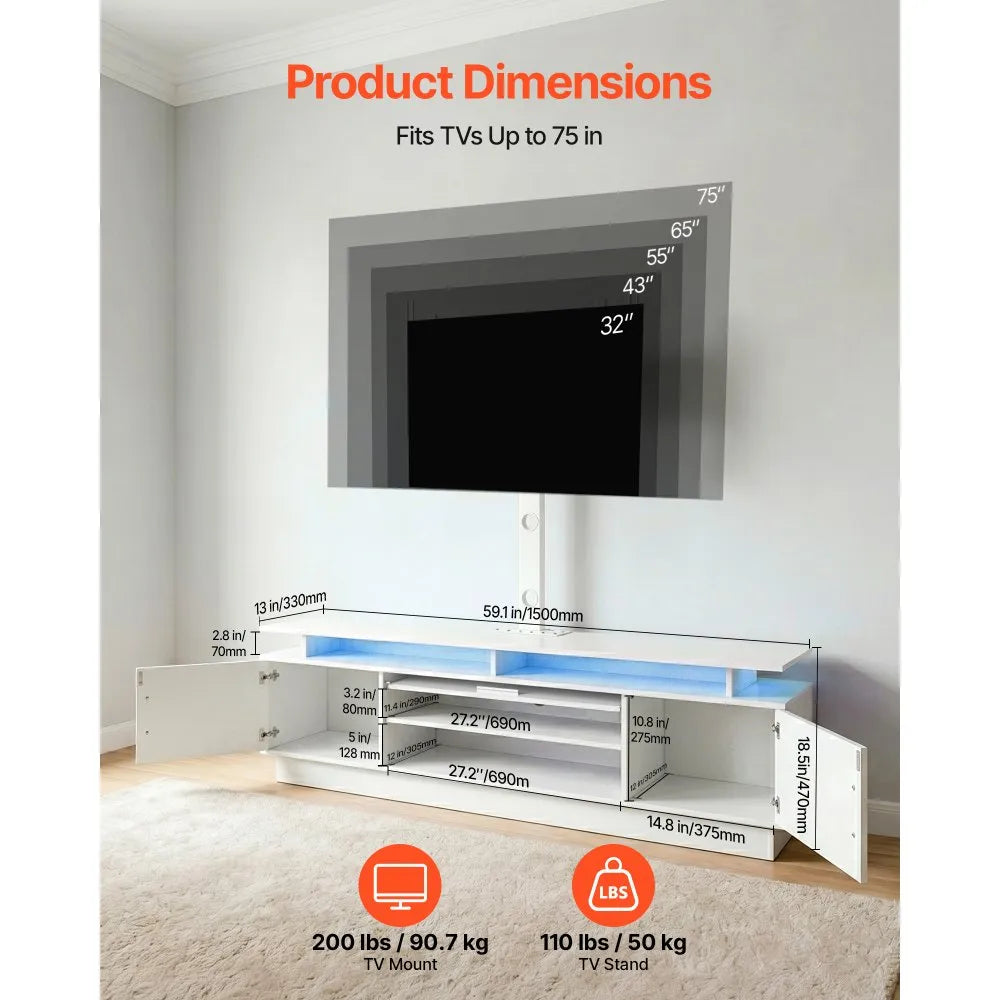 59.1" TV Stand with Swivel TV Mount, Power Outlet & LED Lights for 32–75" TVs