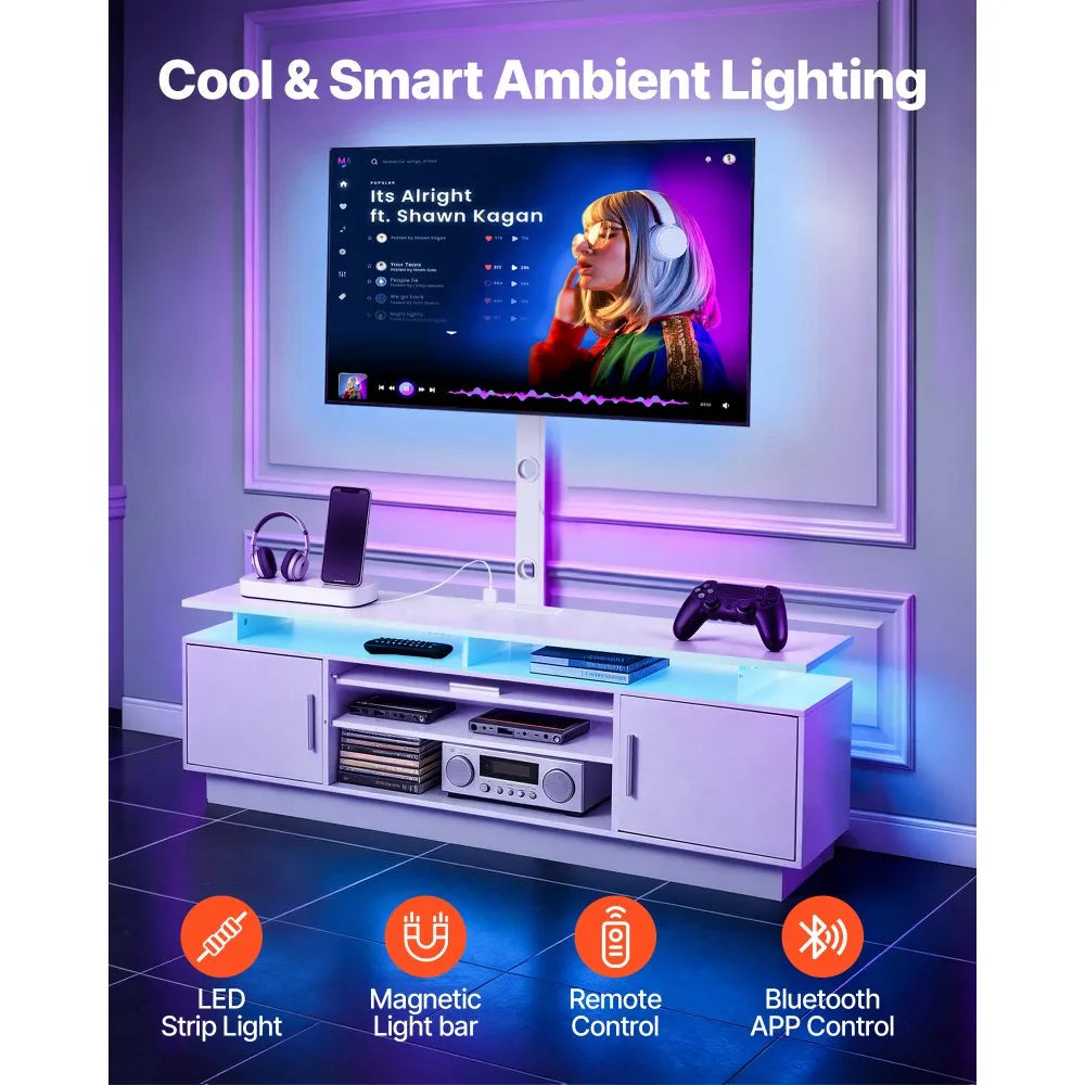 59.1" TV Stand with Swivel TV Mount, Power Outlet & LED Lights for 32–75" TVs