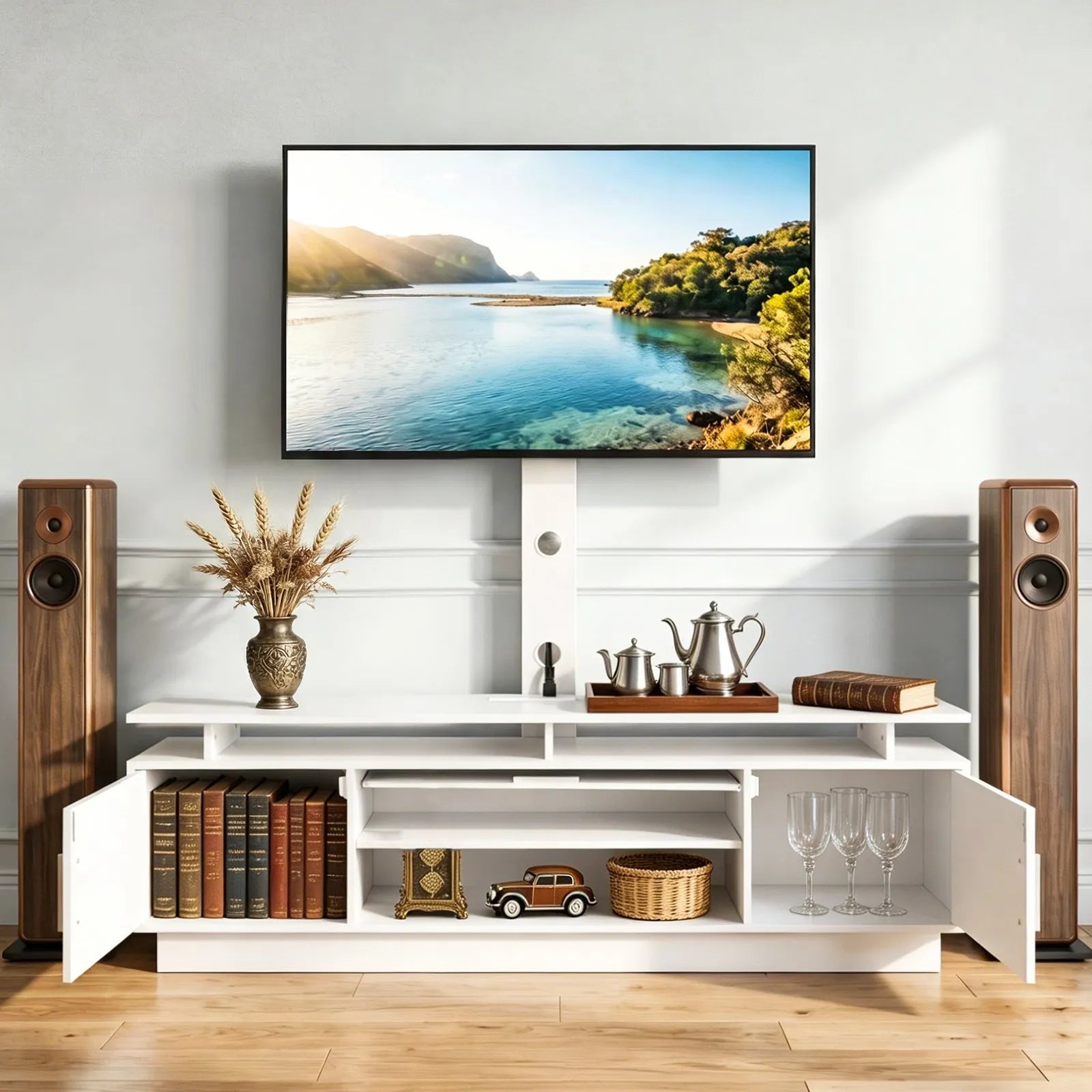 59.1" TV Stand with Swivel TV Mount, Power Outlet & LED Lights for 32–75" TVs
