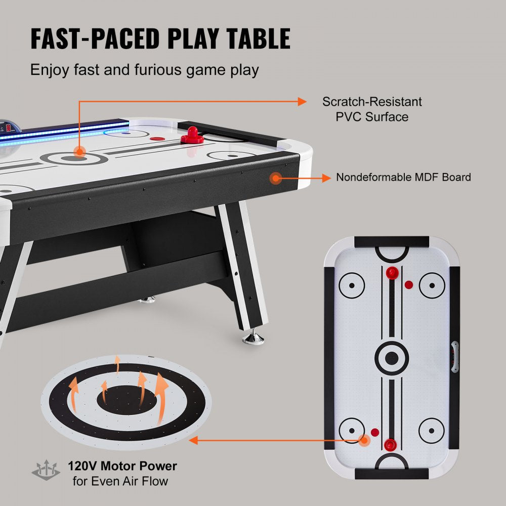 VEVOR Air-Powered Hockey Table, 72" Indoor Hockey Table for Kids and Adults, LED Sports Hockey Game with 2 Pucks, 2 Pushers, and Electronic Score System, Arcade Gaming Set for Game Room Family Home 