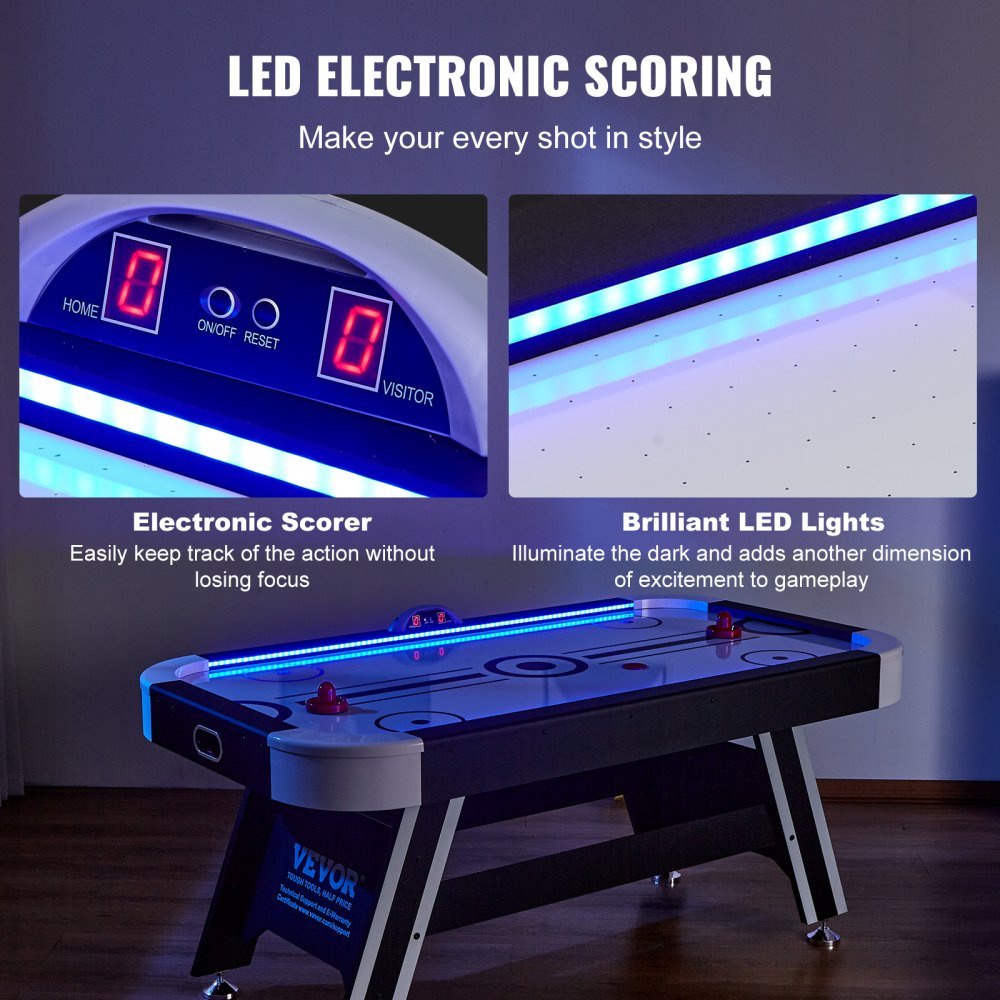 VEVOR Air-Powered Hockey Table, 72" Indoor Hockey Table for Kids and Adults, LED Sports Hockey Game with 2 Pucks, 2 Pushers, and Electronic Score System, Arcade Gaming Set for Game Room Family Home 
