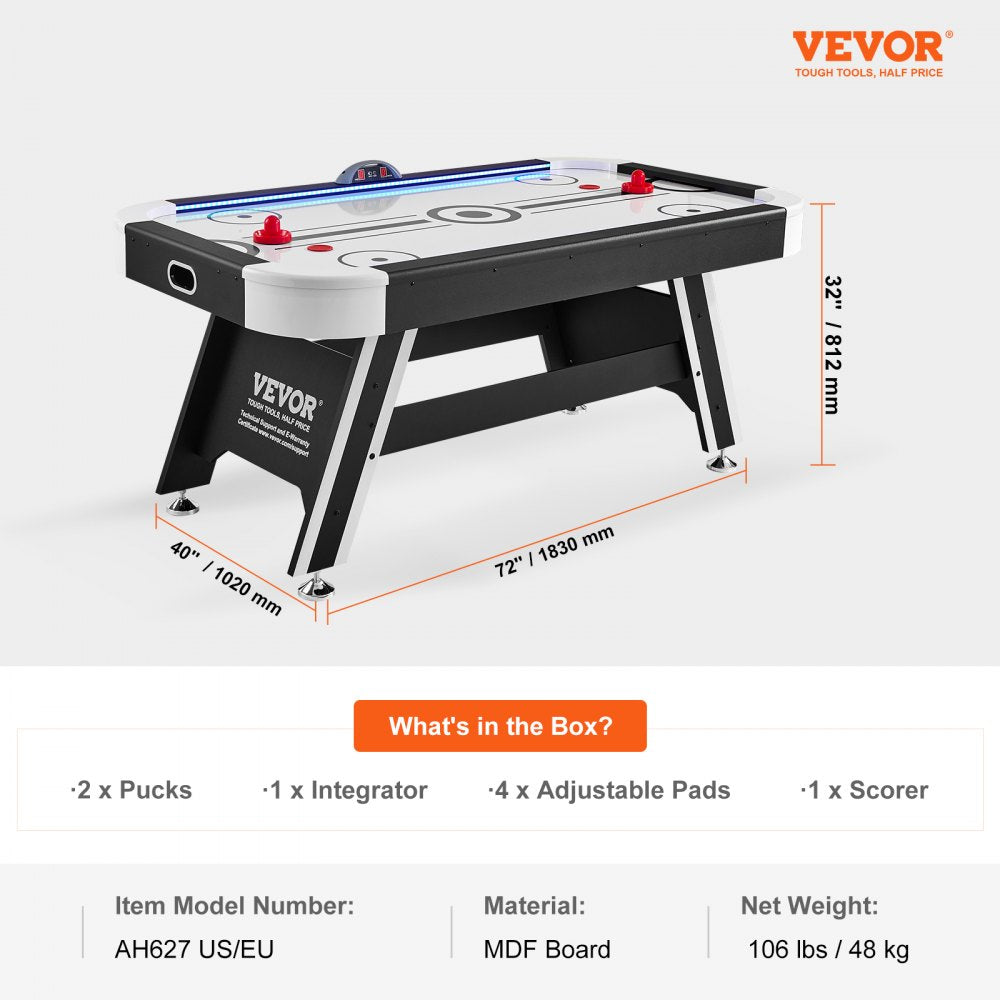 VEVOR Air-Powered Hockey Table, 72" Indoor Hockey Table for Kids and Adults, LED Sports Hockey Game with 2 Pucks, 2 Pushers, and Electronic Score System, Arcade Gaming Set for Game Room Family Home 