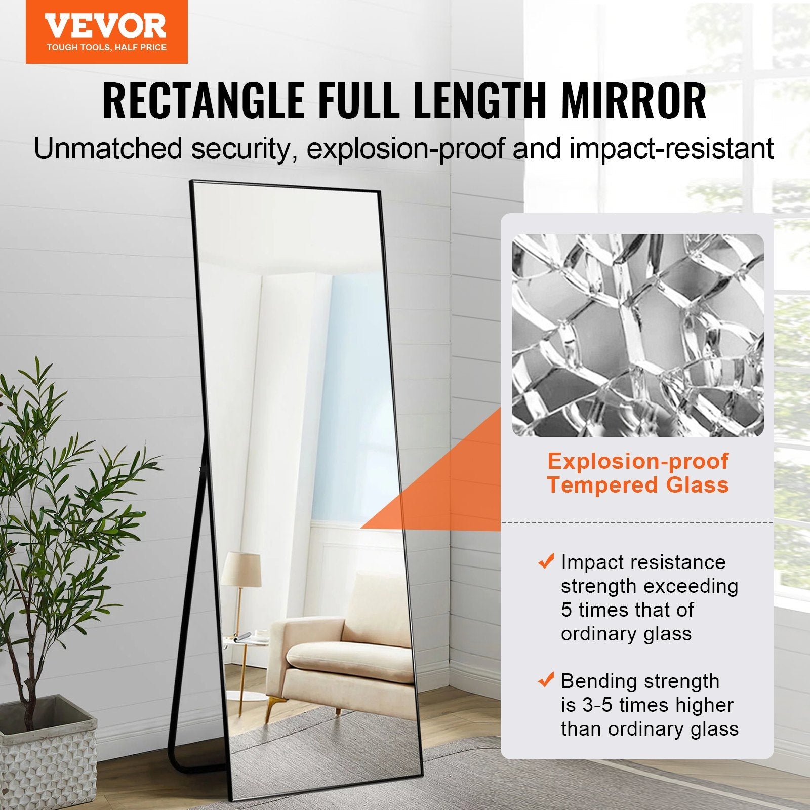VEVOR Full Length Mirror, 71'' x 31'', Extra Large Standing Hanging or Leaning Rectangle Floor Tempered Mirror with Stand Aluminum Alloy Frame, Full Body Dressing Mirror for Living Room Bedroom, Black 