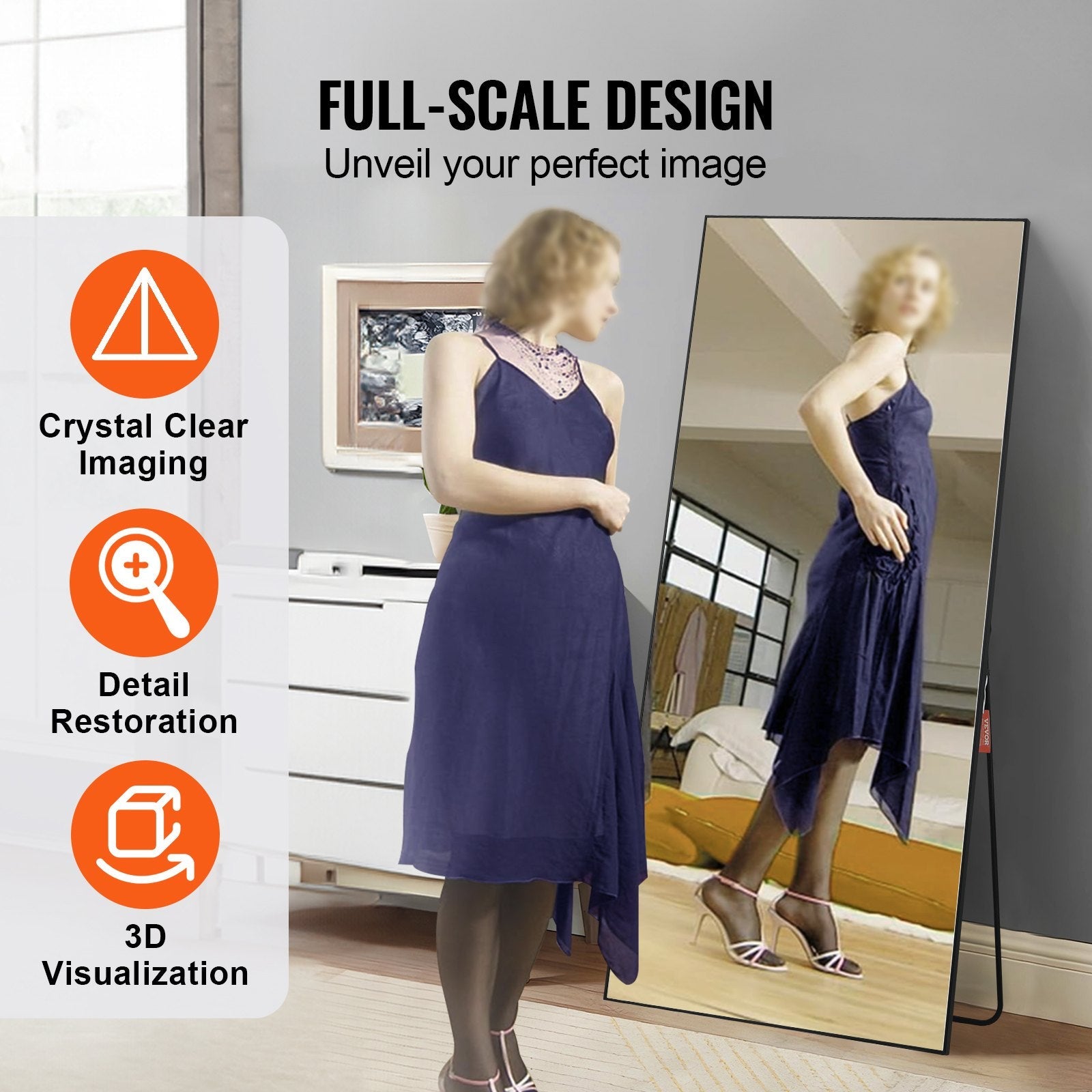 VEVOR Full Length Mirror, 71'' x 31'', Extra Large Standing Hanging or Leaning Rectangle Floor Tempered Mirror with Stand Aluminum Alloy Frame, Full Body Dressing Mirror for Living Room Bedroom, Black 