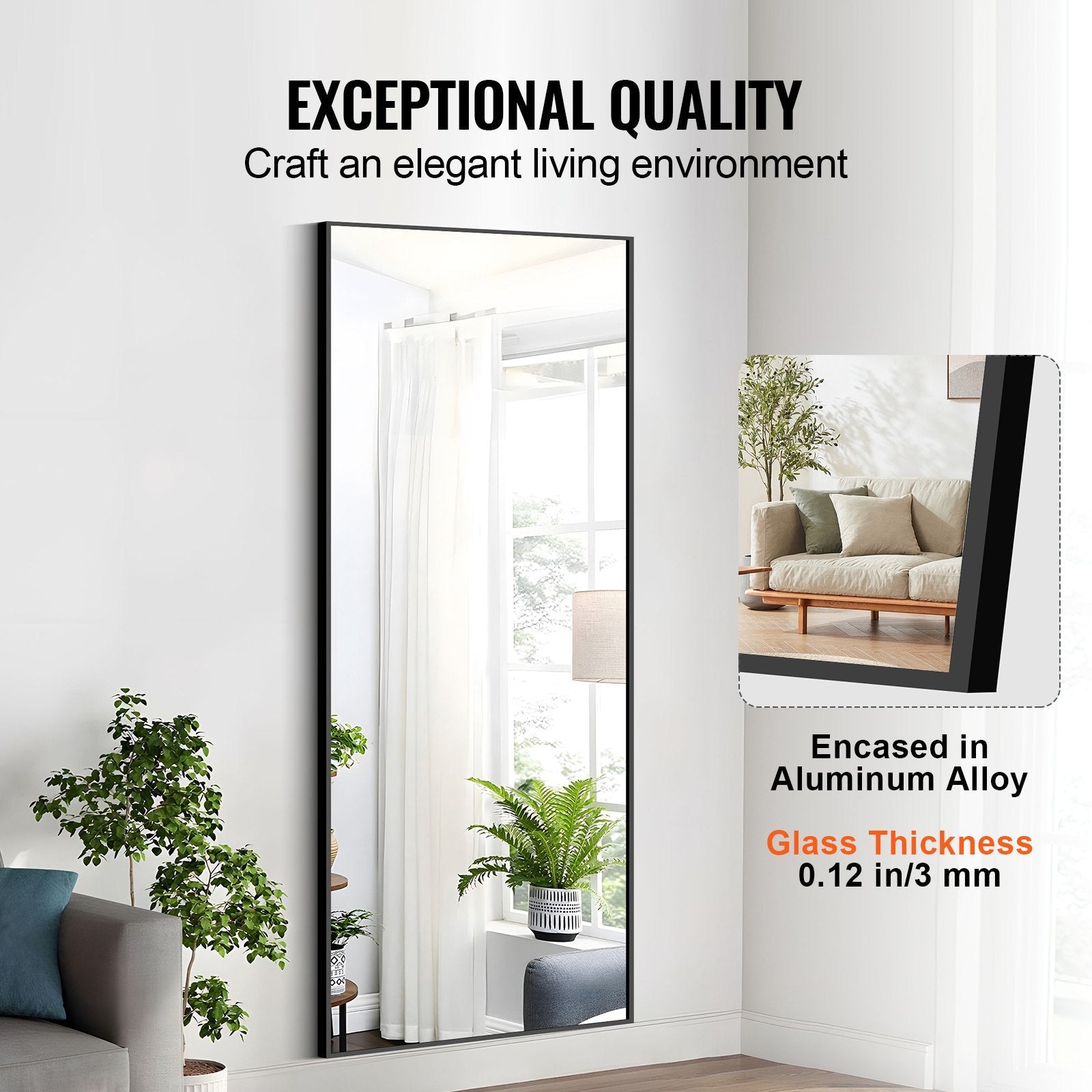 VEVOR Full Length Mirror, 71'' x 31'', Extra Large Standing Hanging or Leaning Rectangle Floor Tempered Mirror with Stand Aluminum Alloy Frame, Full Body Dressing Mirror for Living Room Bedroom, Black 