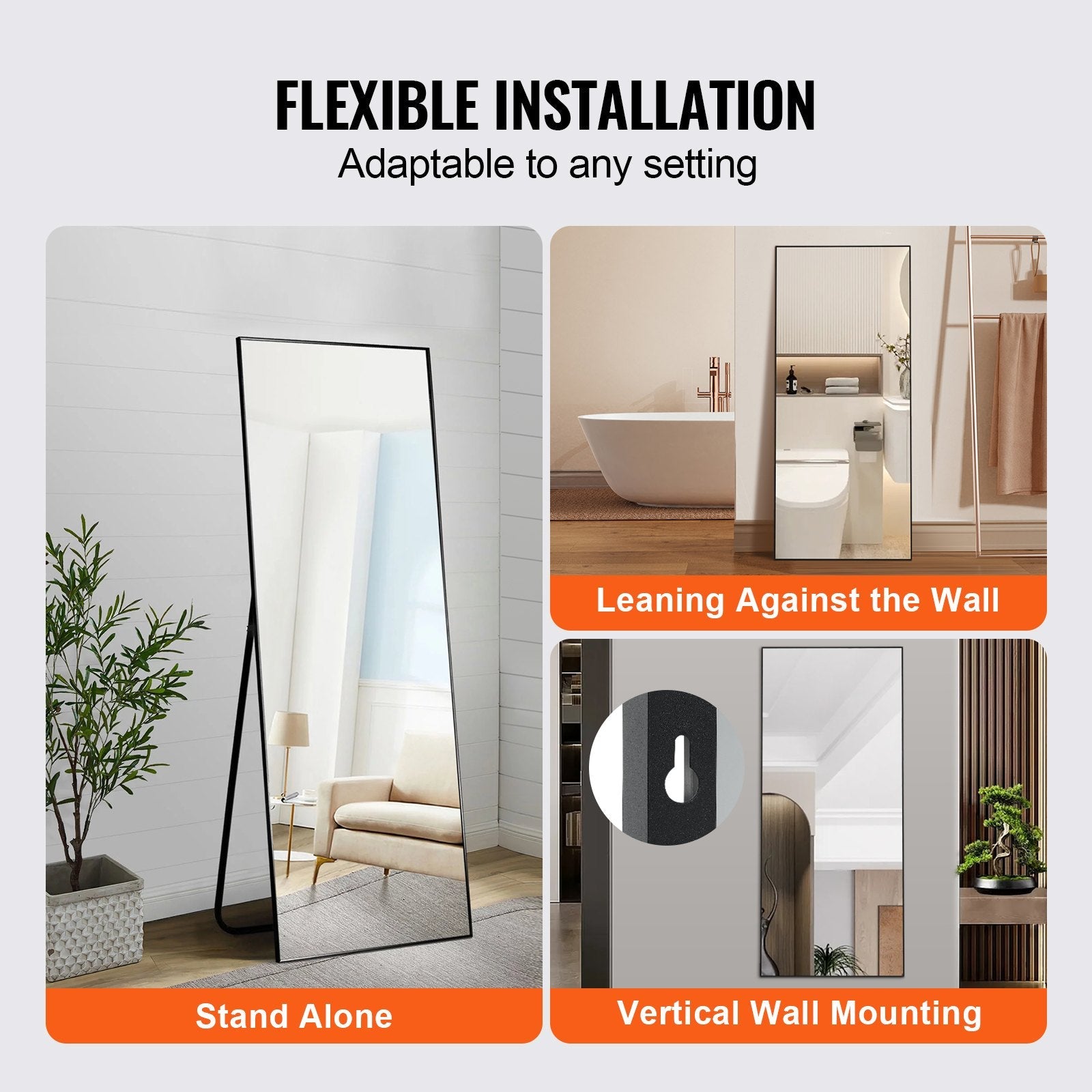 VEVOR Full Length Mirror, 71'' x 31'', Extra Large Standing Hanging or Leaning Rectangle Floor Tempered Mirror with Stand Aluminum Alloy Frame, Full Body Dressing Mirror for Living Room Bedroom, Black 
