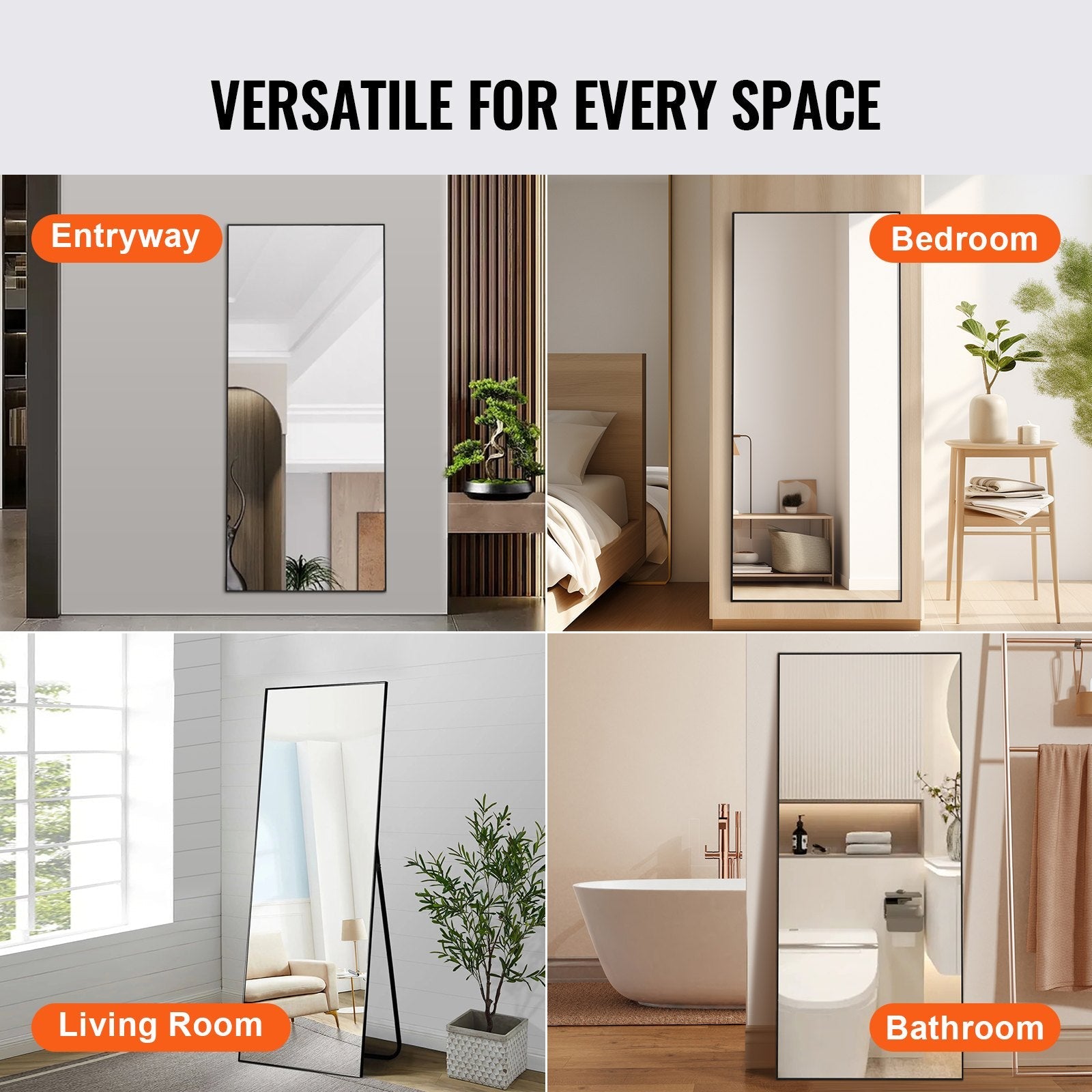 VEVOR Full Length Mirror, 71'' x 31'', Extra Large Standing Hanging or Leaning Rectangle Floor Tempered Mirror with Stand Aluminum Alloy Frame, Full Body Dressing Mirror for Living Room Bedroom, Black 