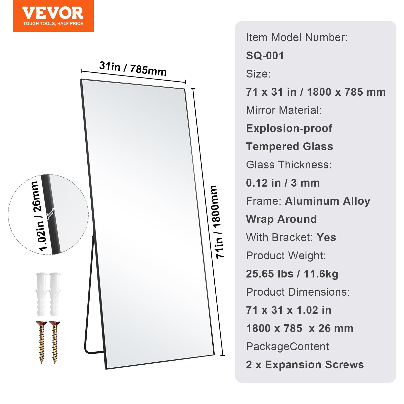 VEVOR Full Length Mirror, 71'' x 31'', Extra Large Standing Hanging or Leaning Rectangle Floor Tempered Mirror with Stand Aluminum Alloy Frame, Full Body Dressing Mirror for Living Room Bedroom, Black 