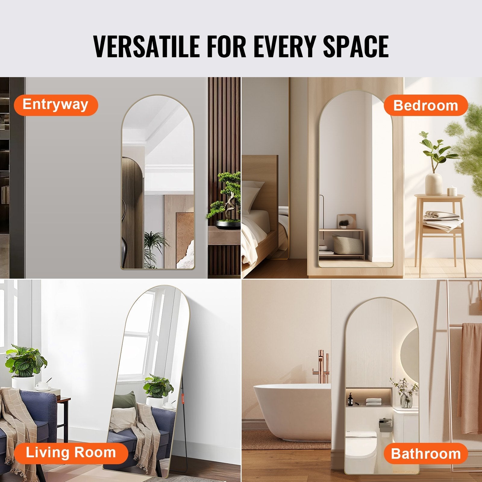 VEVOR Arched Full Length Mirror, 71'' x 30'', Large Free Standing Leaning Hanging Wall Mounted Floor Mirror with Stand Aluminum Alloy Frame, Full Body Dressing Mirror for Living Room Bedroom 