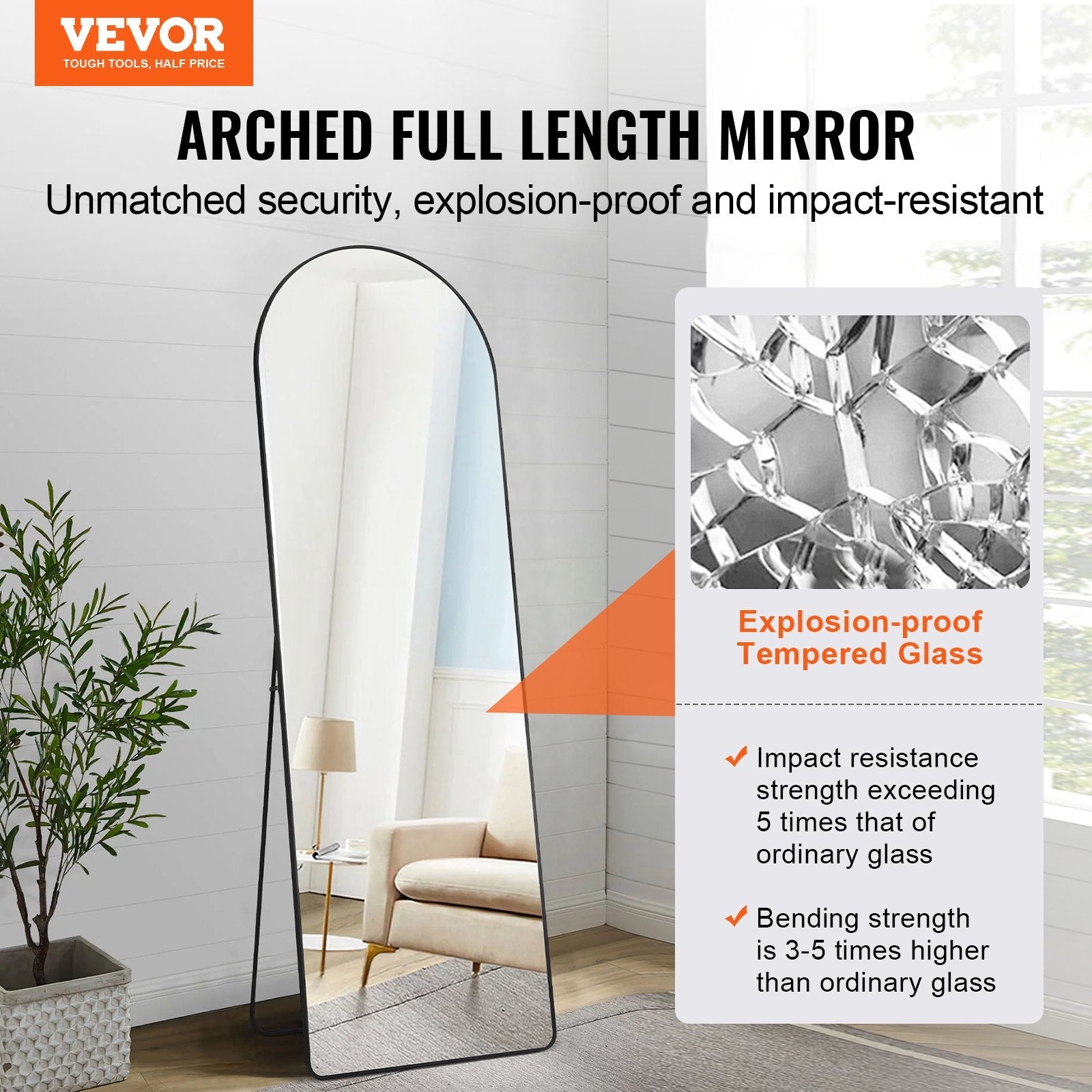 VEVOR Arched Full Length Mirror, 65'' x 22'', Large Free Standing Leaning Hanging Wall Mounted Floor Mirror with Stand Aluminum Alloy Frame, Full Body Dressing Mirror for Living Room Bedroom, Black 
