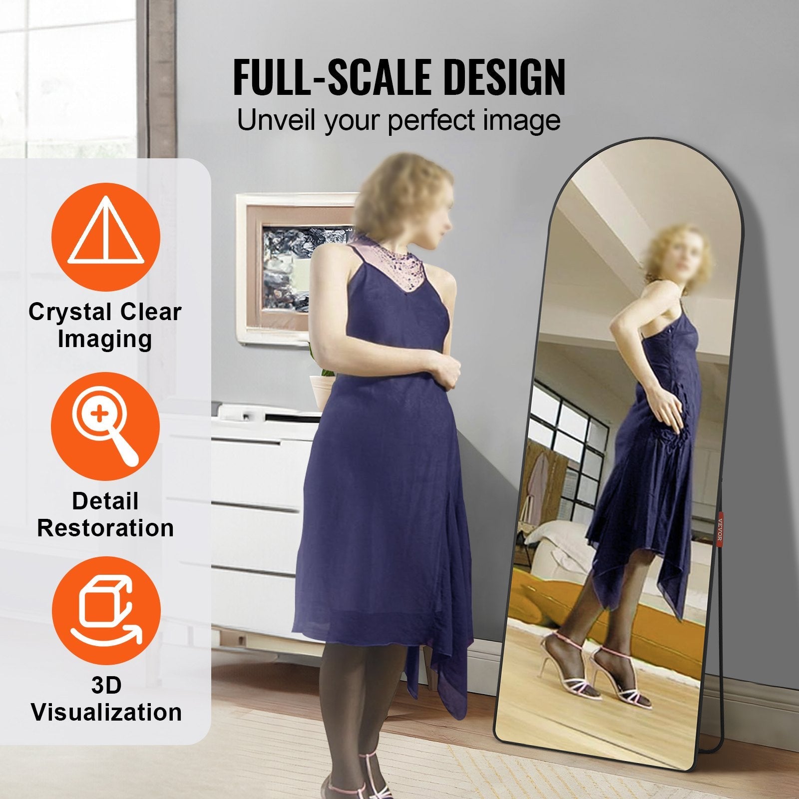 VEVOR Arched Full Length Mirror, 65'' x 22'', Large Free Standing Leaning Hanging Wall Mounted Floor Mirror with Stand Aluminum Alloy Frame, Full Body Dressing Mirror for Living Room Bedroom, Black 