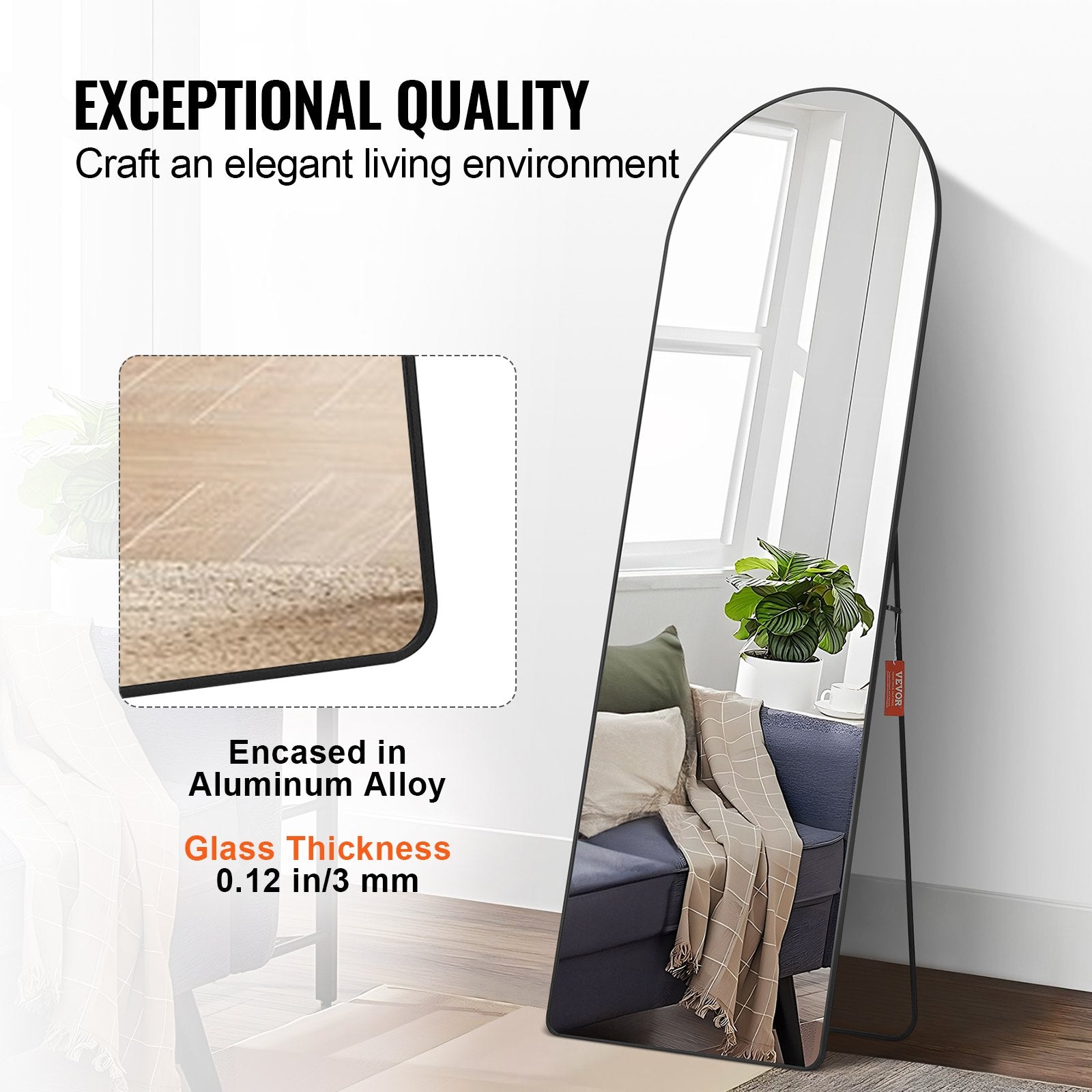 VEVOR Arched Full Length Mirror, 65'' x 22'', Large Free Standing Leaning Hanging Wall Mounted Floor Mirror with Stand Aluminum Alloy Frame, Full Body Dressing Mirror for Living Room Bedroom, Black 