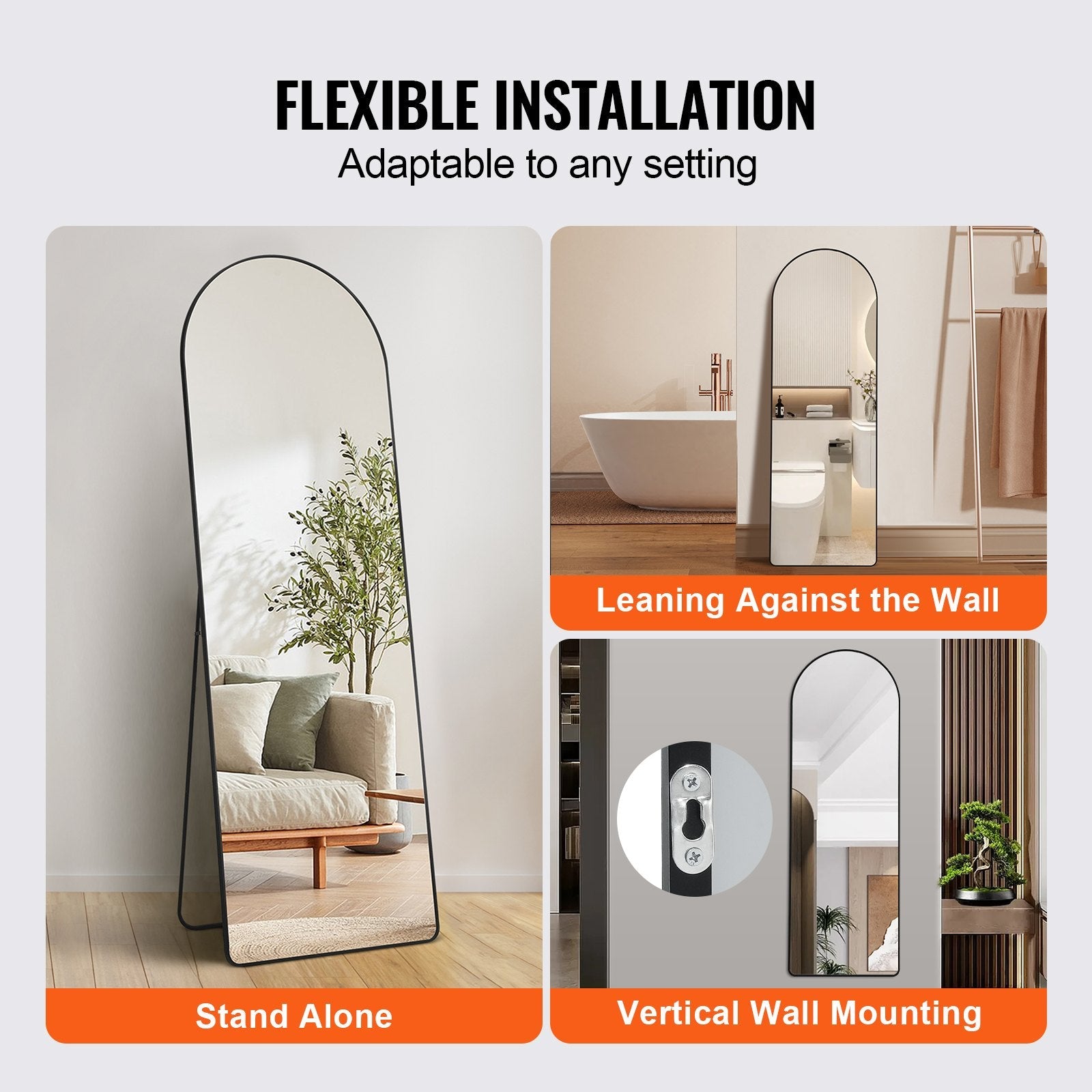 VEVOR Arched Full Length Mirror, 65'' x 22'', Large Free Standing Leaning Hanging Wall Mounted Floor Mirror with Stand Aluminum Alloy Frame, Full Body Dressing Mirror for Living Room Bedroom, Black 