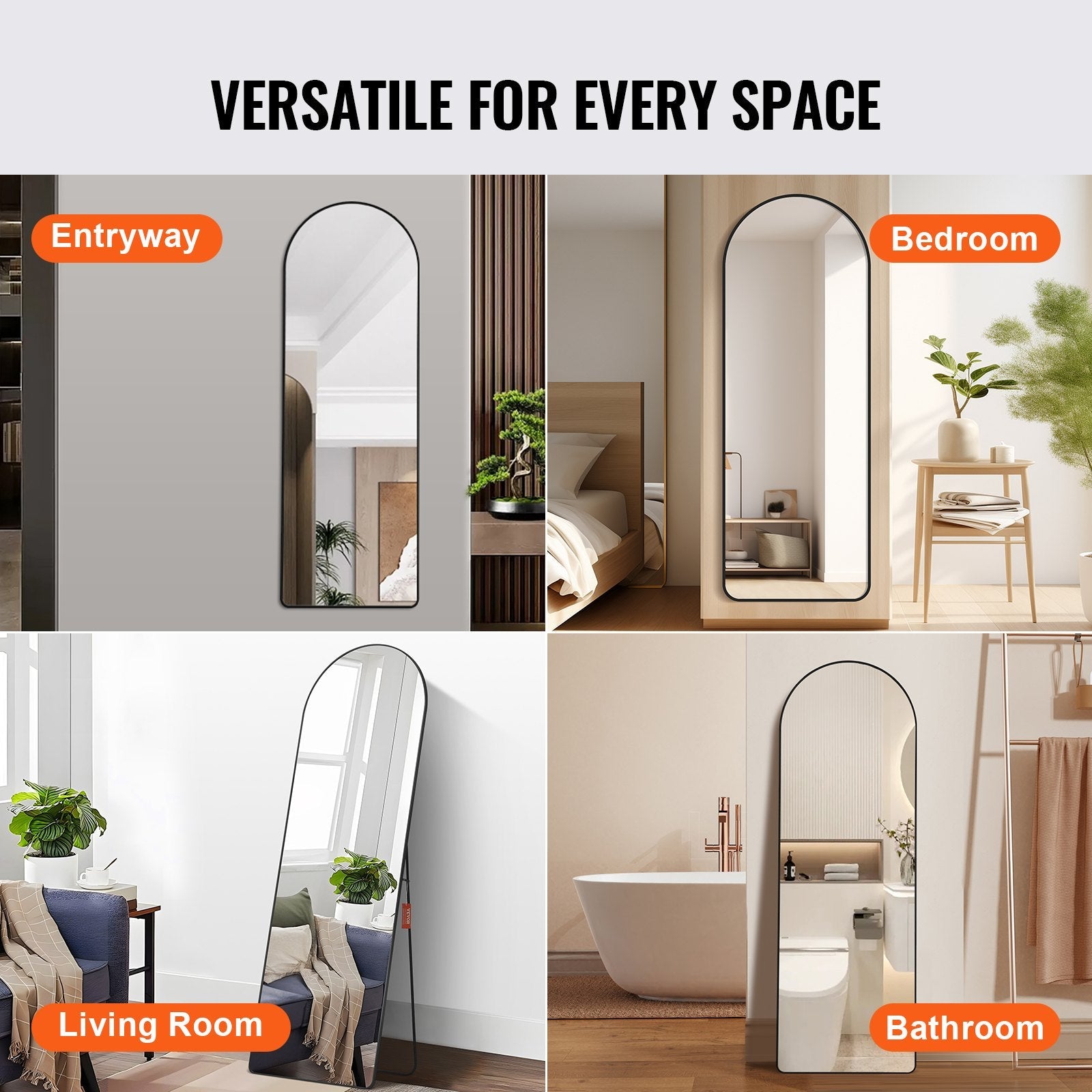 VEVOR Arched Full Length Mirror, 65'' x 22'', Large Free Standing Leaning Hanging Wall Mounted Floor Mirror with Stand Aluminum Alloy Frame, Full Body Dressing Mirror for Living Room Bedroom, Black 
