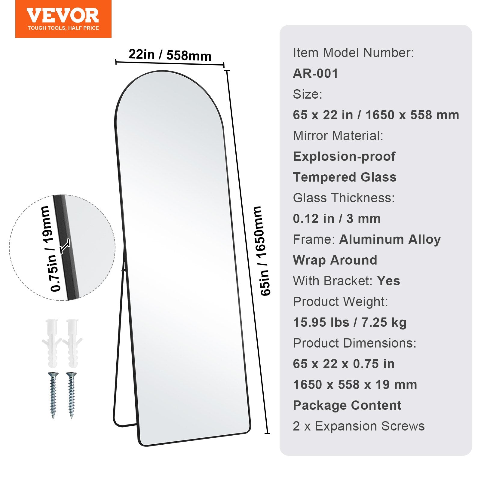 VEVOR Arched Full Length Mirror, 65'' x 22'', Large Free Standing Leaning Hanging Wall Mounted Floor Mirror with Stand Aluminum Alloy Frame, Full Body Dressing Mirror for Living Room Bedroom, Black 