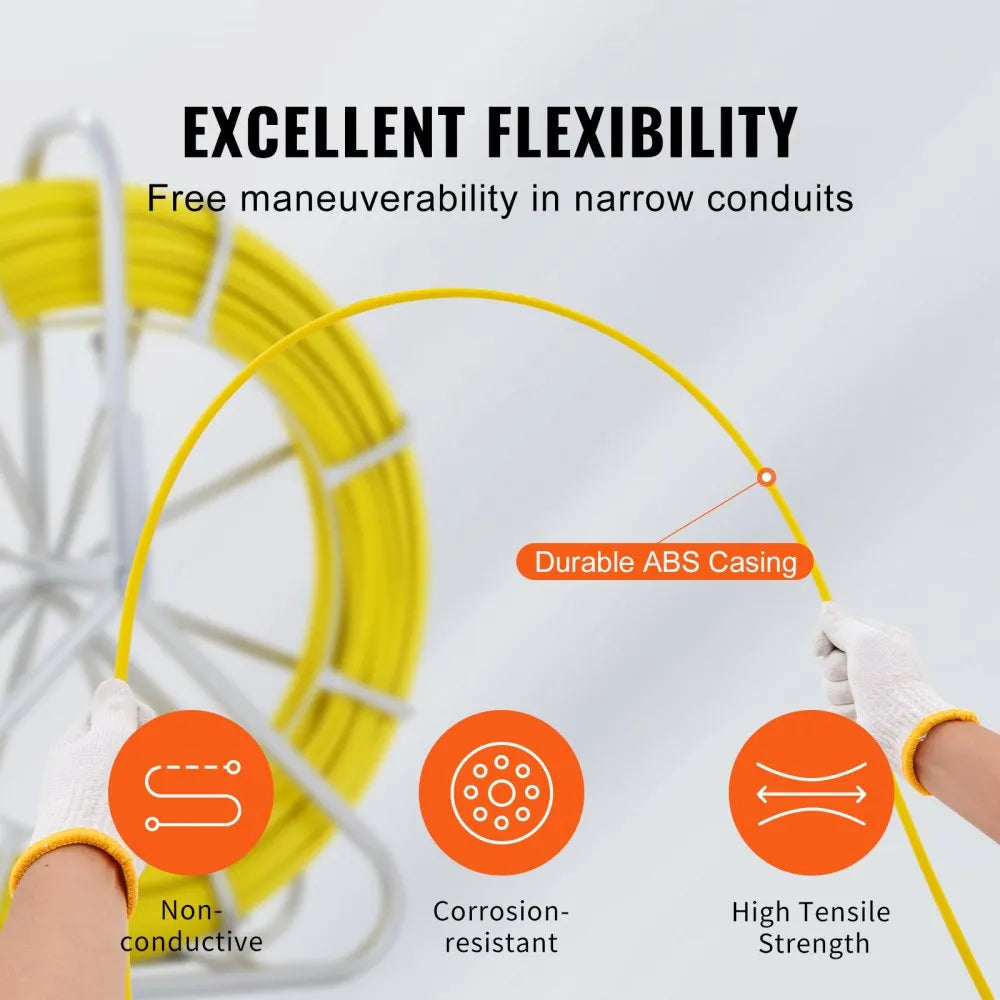 VEVOR Fish Tape Fiberglass, 600 ft, 5/16 in, Duct Rodder Fishtape Wire Puller, Cable Running Rod with Steel Reel Stand, 3 Pulling Heads, Fishing Tools for Walls and Electrical Conduit, Non-Conductive
