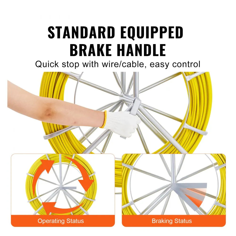 VEVOR Fish Tape Fiberglass, 600 ft, 5/16 in, Duct Rodder Fishtape Wire Puller, Cable Running Rod with Steel Reel Stand, 3 Pulling Heads, Fishing Tools for Walls and Electrical Conduit, Non-Conductive
