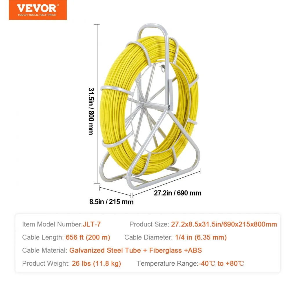 VEVOR Fish Tape Fiberglass, 656 ft, 1/4 inch, Duct Rodder Fishtape Wire Puller, Cable Running Rod with Steel Reel Stand, 3 Pulling Heads, Fishing Tools for Walls and Electrical Conduit, Non-Conductive
