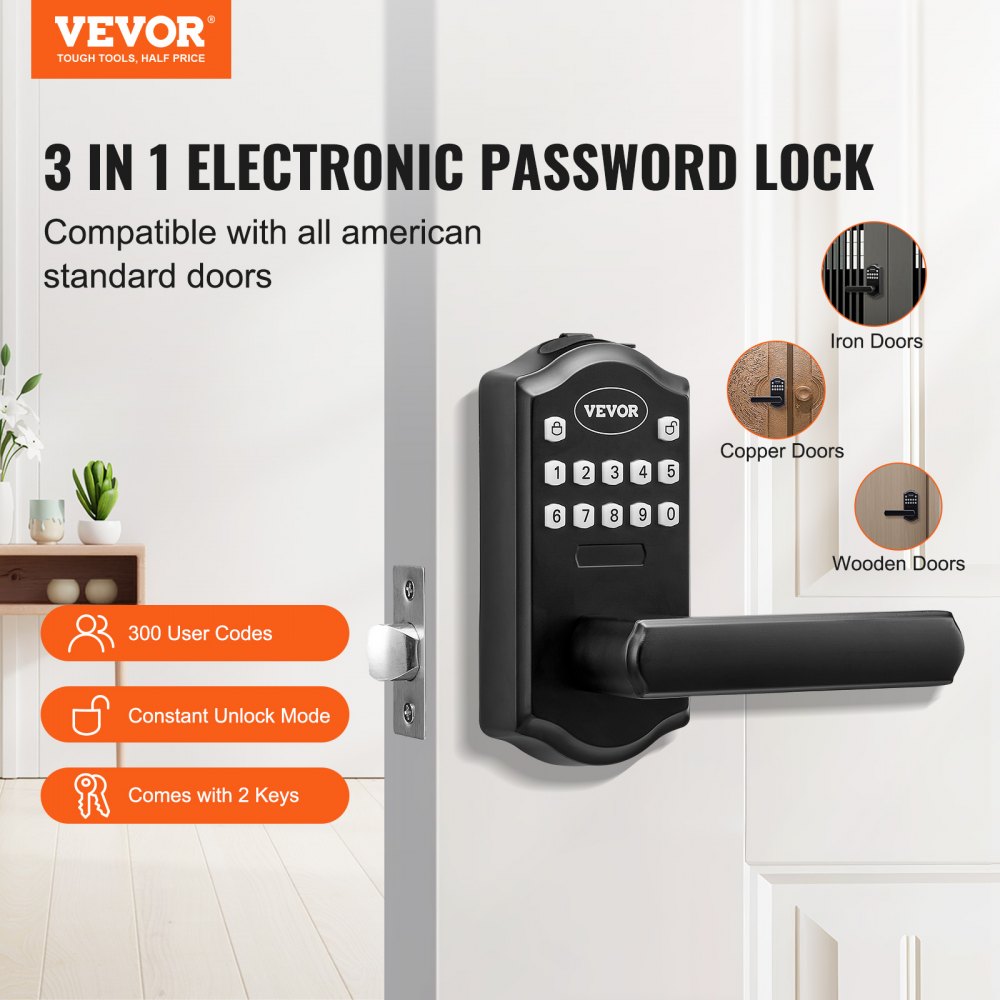 VEVOR Keyless Entry Door Lock, Password and Key Unlock Combination Door Lock, Electronic Keypad Entry Lever, Auto-Locking Keypad Door Lock with Deadbolt for Front Door, Matte Black, 5.63 x 2.76 in 