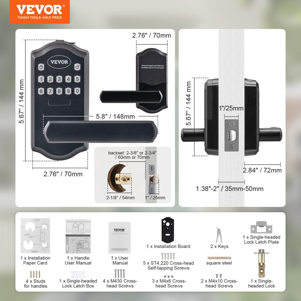 VEVOR Keyless Entry Door Lock, Password and Key Unlock Combination Door Lock, Electronic Keypad Entry Lever, Auto-Locking Keypad Door Lock with Deadbolt for Front Door, Matte Black, 5.63 x 2.76 in 