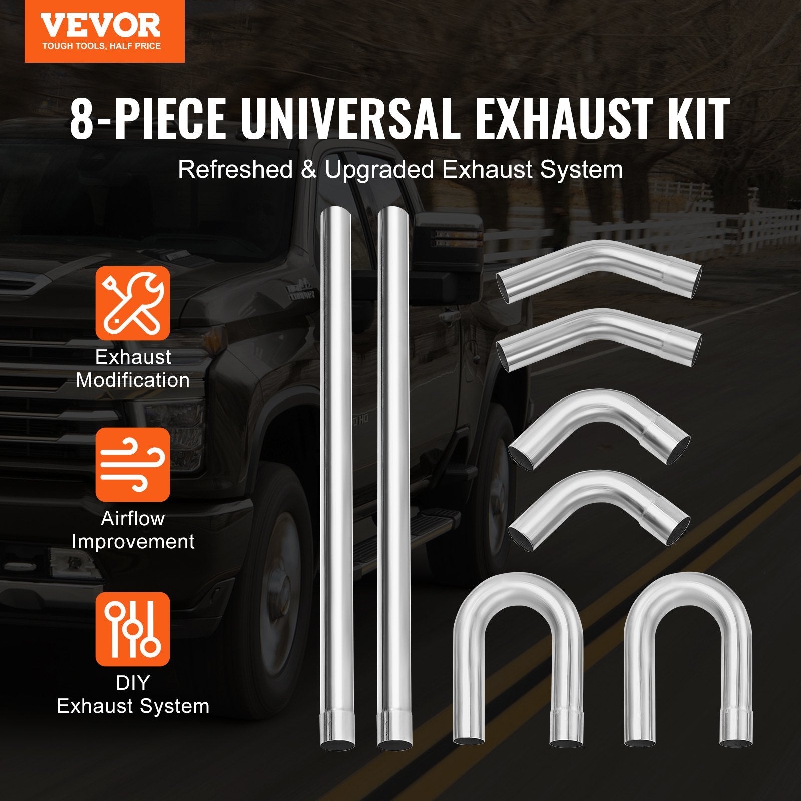 VEVOR DIY Universal Exhaust Kit 8 Pieces Exhaust Pipe Kit with Slip-Fit Joint 