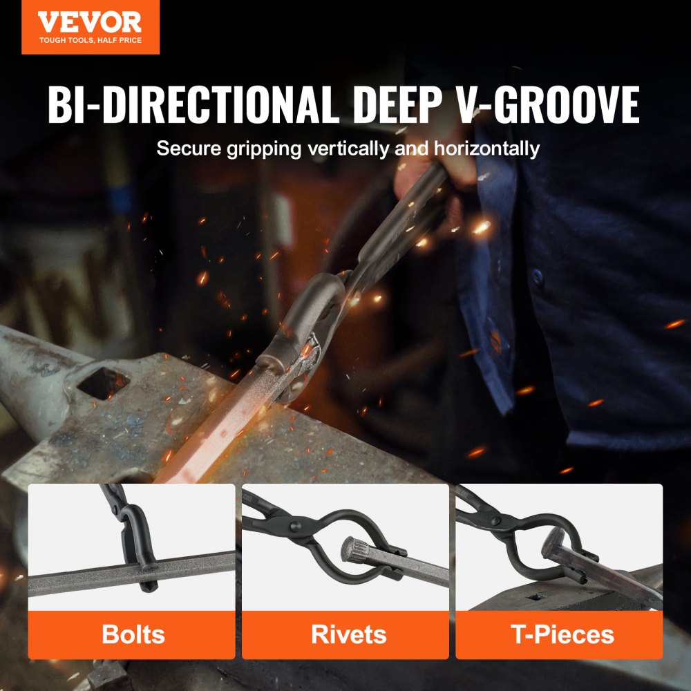 VEVOR Blacksmith Tongs, 18” V-Bit Bolt Tongs, Carbon Steel Forge Tongs with A3 Steel Rivets, for Long, Irregular, and Nail-shaped Forgings, for Beginner and Seasoned Blacksmiths and Bladesmiths 