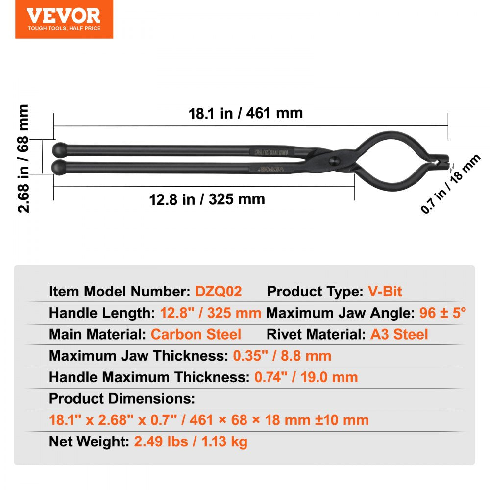 VEVOR Blacksmith Tongs, 18” V-Bit Bolt Tongs, Carbon Steel Forge Tongs with A3 Steel Rivets, for Long, Irregular, and Nail-shaped Forgings, for Beginner and Seasoned Blacksmiths and Bladesmiths 