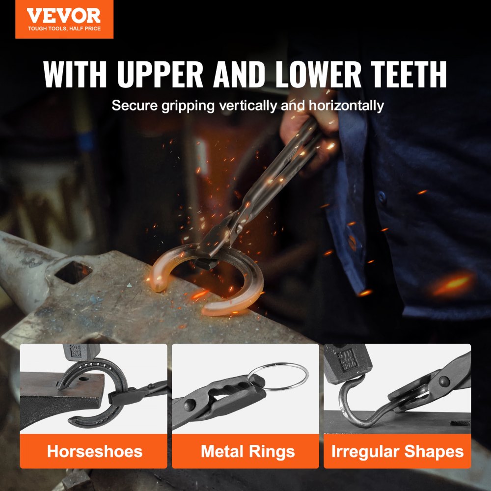 VEVOR Blacksmith Tongs, 18” Wolf Jaw Tongs, Carbon Steel Forge Tongs with A3 Steel Rivets, for Horseshoes, Curved Shapes, Block Forgings, for Beginner and Seasoned Blacksmiths and Bladesmiths 