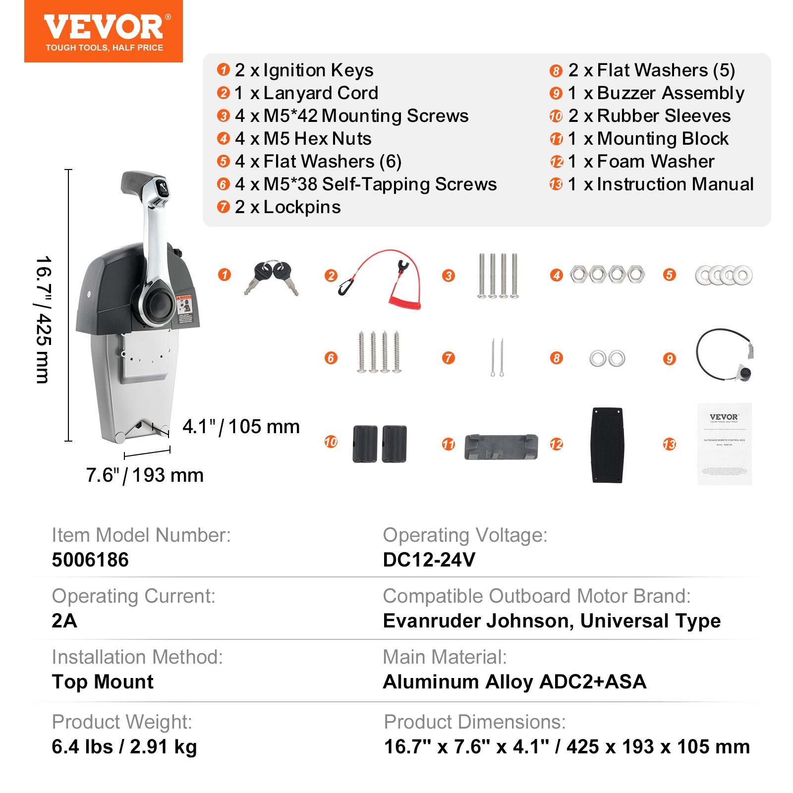 VEVOR Boat Throttle Control, 5006186 Top-Mounted Outboard Remote Control Box for Evinrude Johnson, Marine Throttle Control Box with Power Trim Switch and Lanyard 