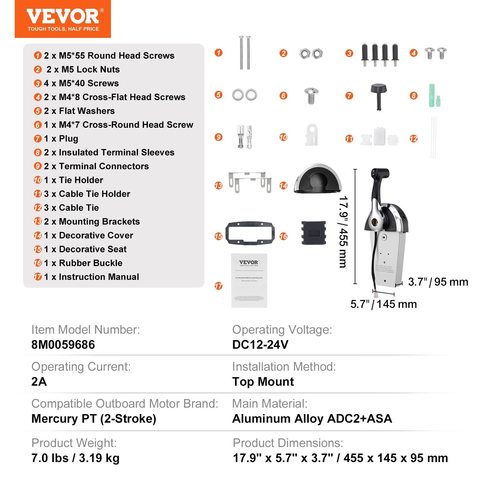 VEVOR Boat Throttle Control, 8M0059686 Top-Mounted Outboard Remote Control Box for Mercury PT 2-Stroke, Marine Throttle Control Gear Box with Power Trim Switch 