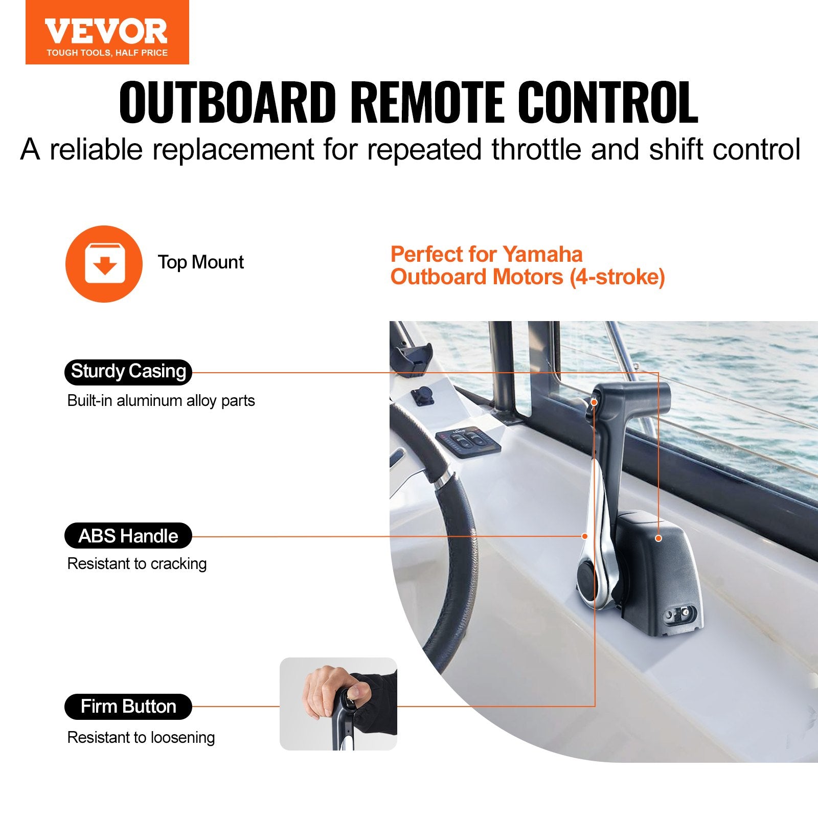 VEVOR Boat Throttle Control, 704-48205-P1 Top-Mounted Outboard Remote Control Box for Yamaha 4-Stroke, Marine Throttle Control Box with Power Trim Switch and 4.6 ft Harness with 5 Pin Connector 