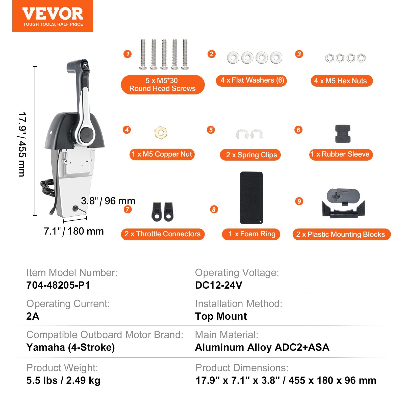 VEVOR Boat Throttle Control, 704-48205-P1 Top-Mounted Outboard Remote Control Box for Yamaha 4-Stroke, Marine Throttle Control Box with Power Trim Switch and 4.6 ft Harness with 5 Pin Connector 