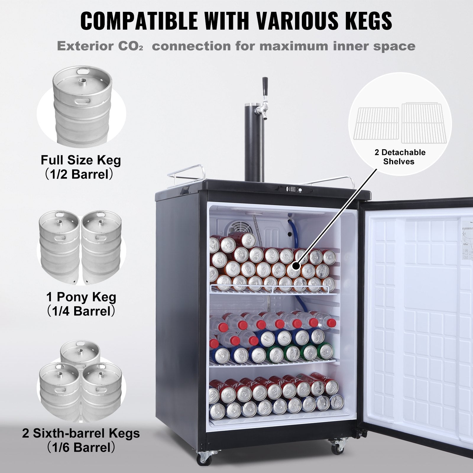 VEVOR Beer Kegerator, Single Tap Draft Beer Dispenser, Full Size Keg Refrigerator With Shelves, CO2 Cylinder, Drip Tray & Rail, 32°F- 75.2°F Temperature Control, Holds 1/6, 1/4, 1/2 Barrels, Black 