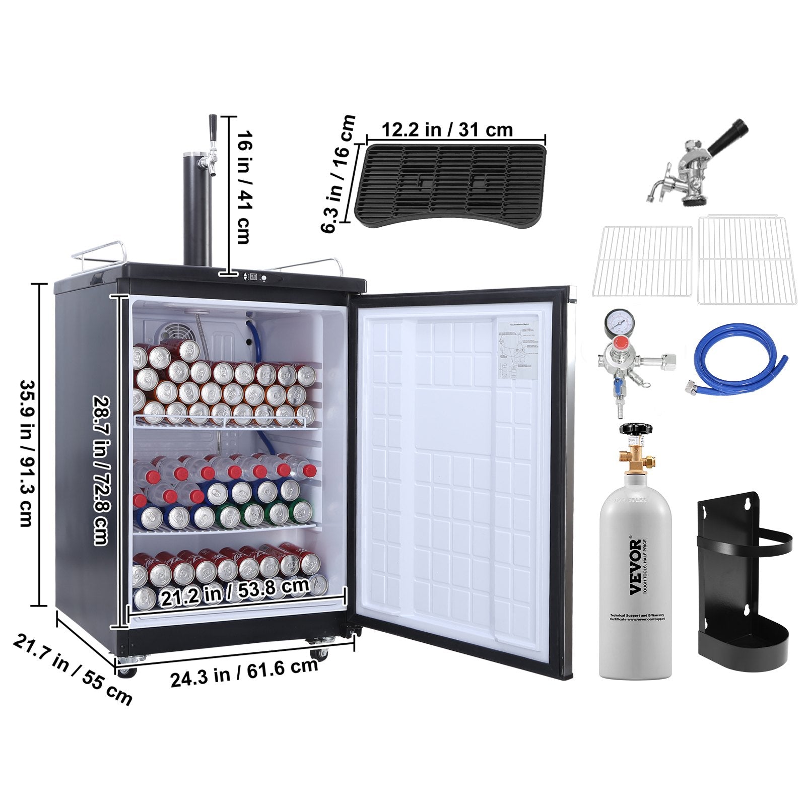 VEVOR Beer Kegerator, Single Tap Draft Beer Dispenser, Full Size Keg Refrigerator With Shelves, CO2 Cylinder, Drip Tray & Rail, 32°F- 75.2°F Temperature Control, Holds 1/6, 1/4, 1/2 Barrels, Black 